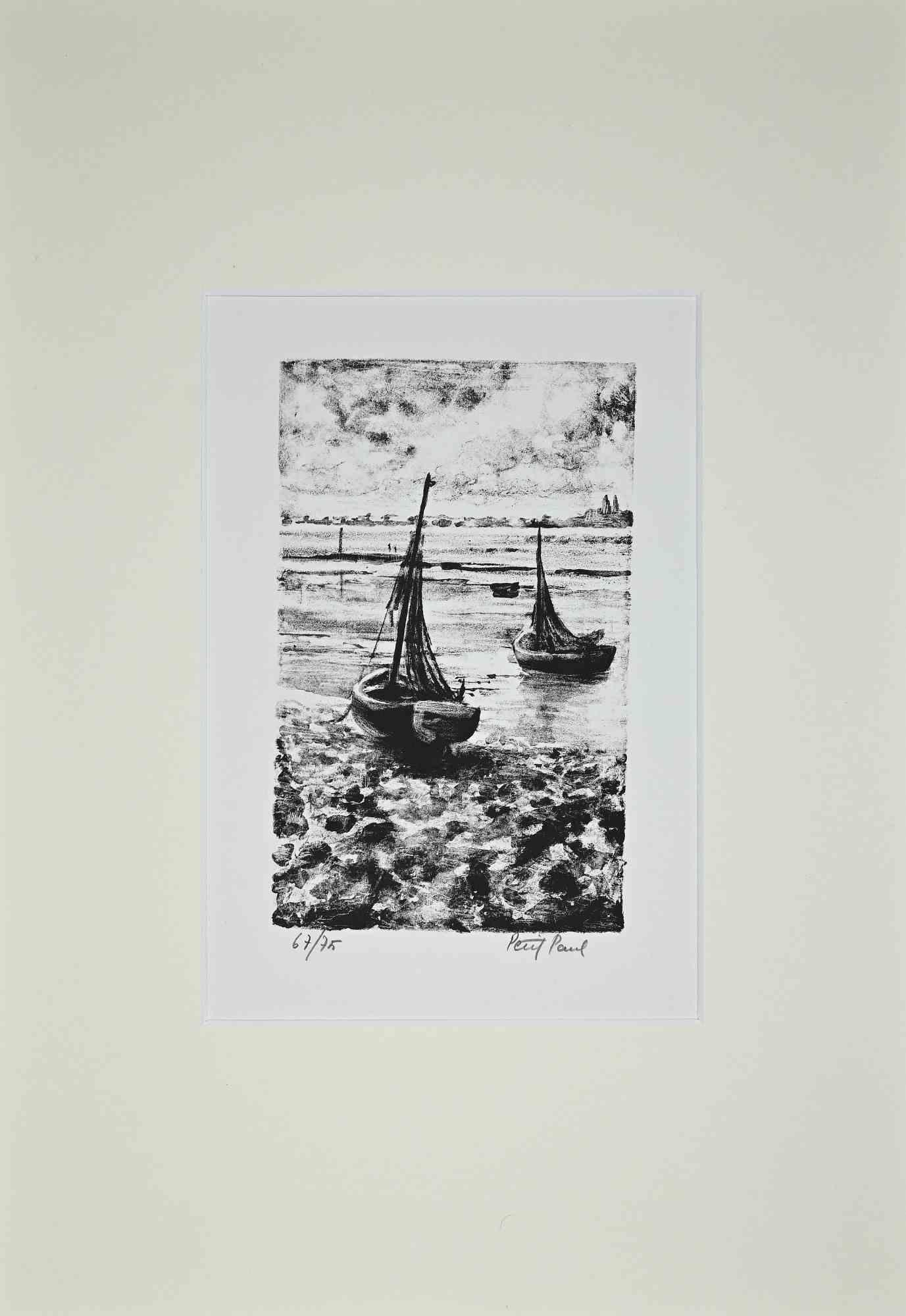 Boats is an original lithograph realized by Paul Petit in the mid-20th Century.

Hand-signed.

Numbered, 67/75

The artwork is depicted through confident strokes in a well-balanced composition.