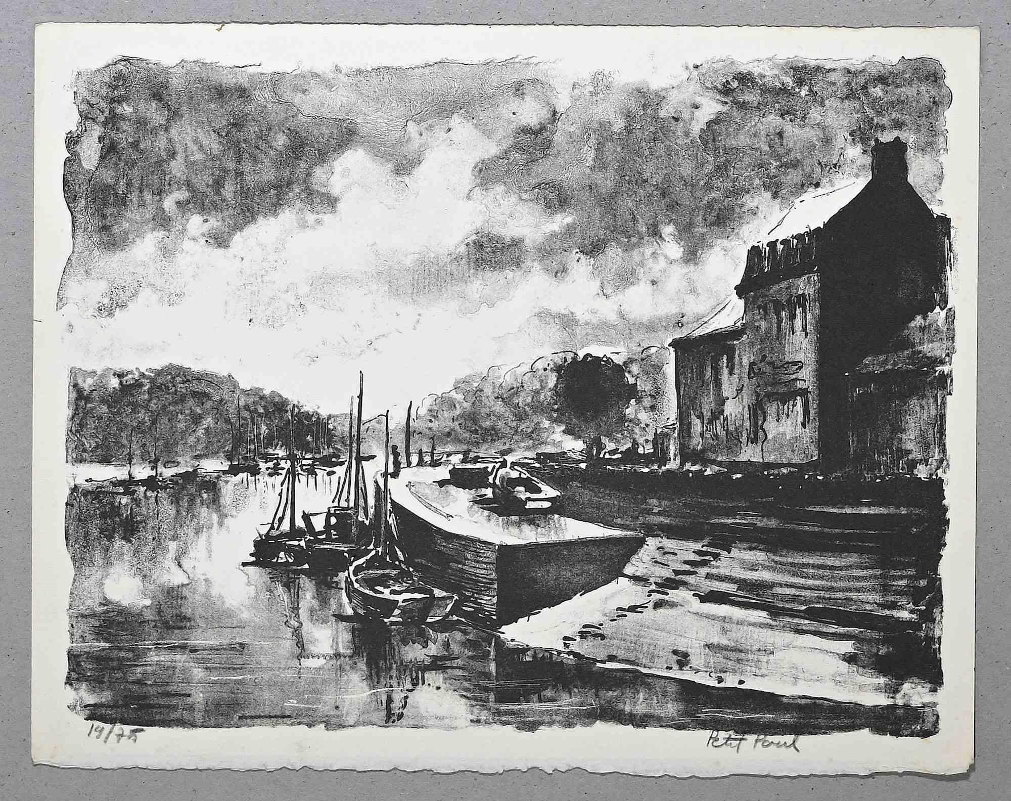 Harbor View is a lithograph realized by Paul Petit in the Mid-20th Century.

Hand-signed.

Numbered, 19/75

The artwork is depicted through confident strokes in a well-balanced composition.