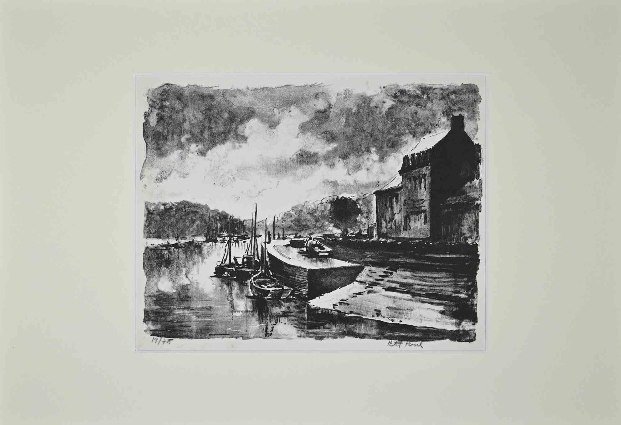 Harbor View is an original lithograph realized by Paul Petit in the Mid-20th Century

Hand-signed.

Numbered, 14/75

The artwork is depicted through confident strokes in a well-balanced composition.
