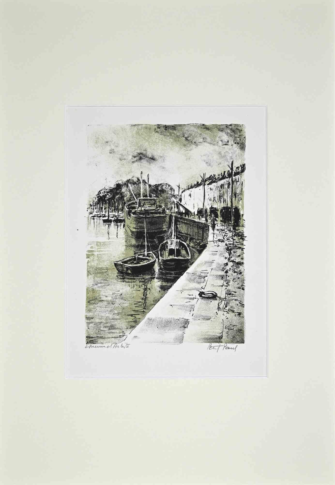 Stadtansicht des Hafens – Originallithographie von Paul Petit – Mitte des 20. Jahrhunderts im Angebot 1