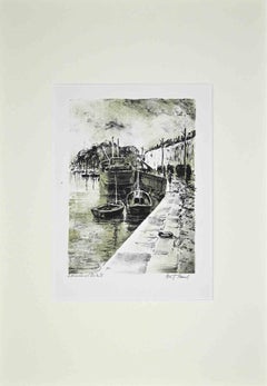 Vista del puerto - Litografía original de Paul Petit - Mediados del siglo XX