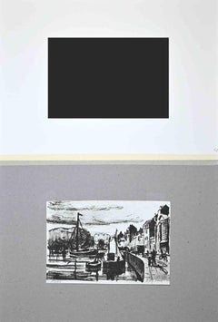 Stadtansicht des Hafens – Originallithographie von Paul Petit – Mitte des 20. Jahrhunderts