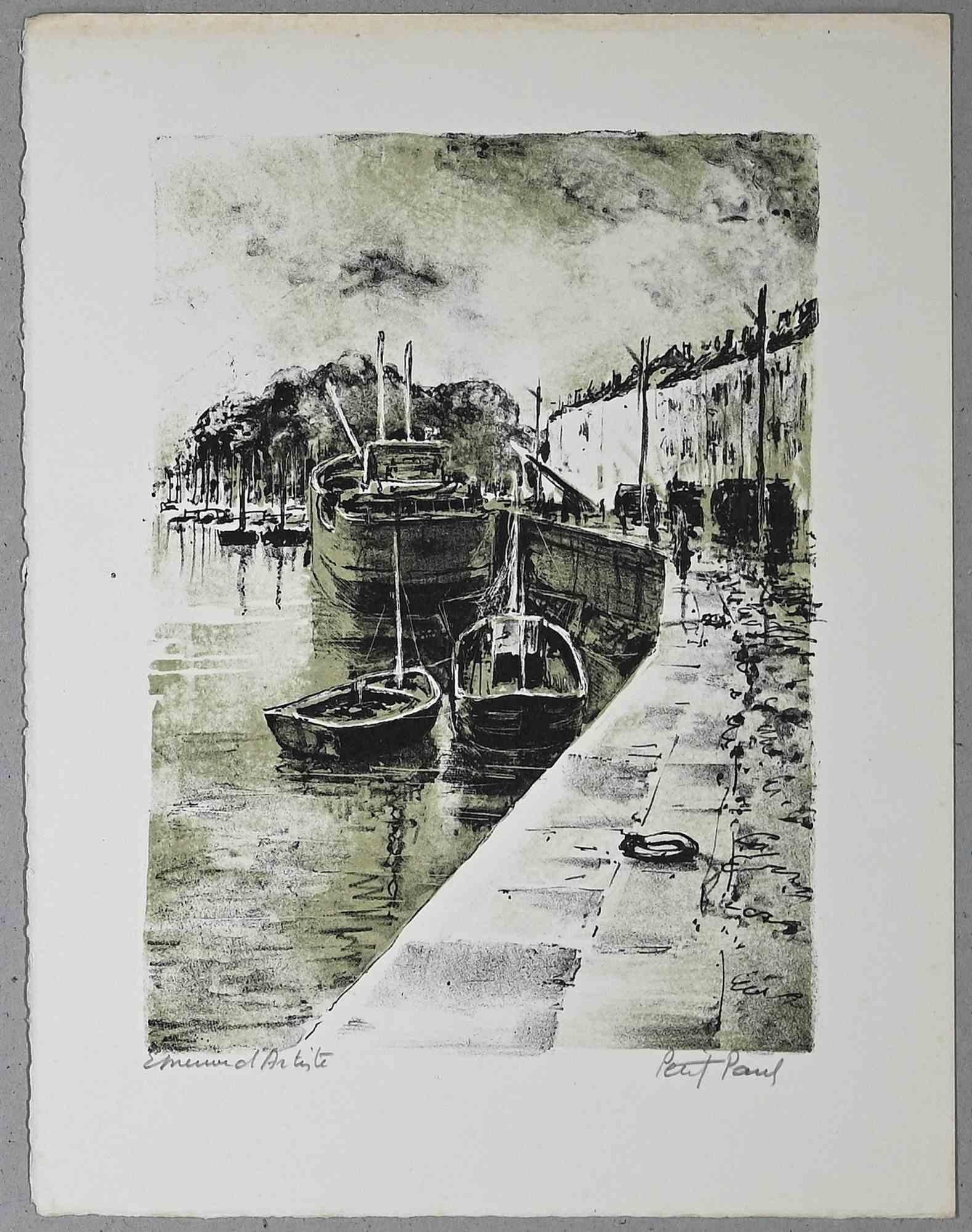Harbor View ist eine Original-Lithografie von Paul Petit aus der Mitte des 20.

Handsigniert.

Künstlerischer Beweis.

Das Kunstwerk wird mit sicheren Strichen in einer ausgewogenen Komposition dargestellt.