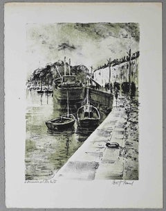 Stadtansicht des Hafens – Originallithographie von Paul Petit – Mitte des 20. Jahrhunderts