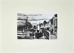 Stadtansicht des Hafens – Originallithographie von Paul Petit – Mitte des 20. Jahrhunderts