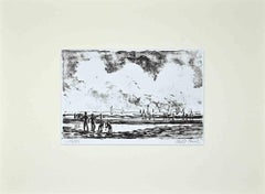 Seascape with Boats - Original Lithograph by Paul Petit - Mid 20th Century