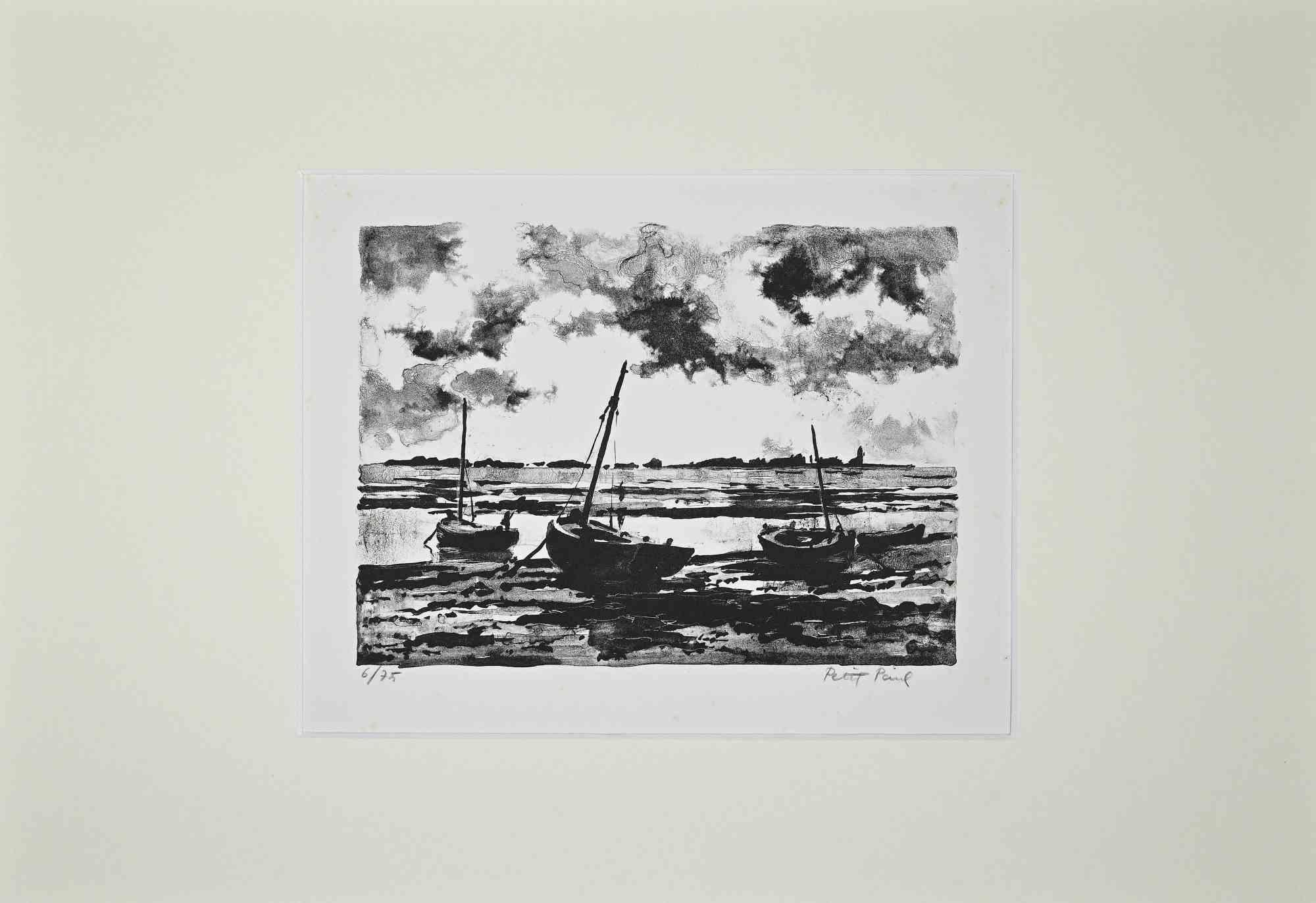 Schiffe – Originallithographie von Paul Petit – Mitte des 20. Jahrhunderts im Angebot 1