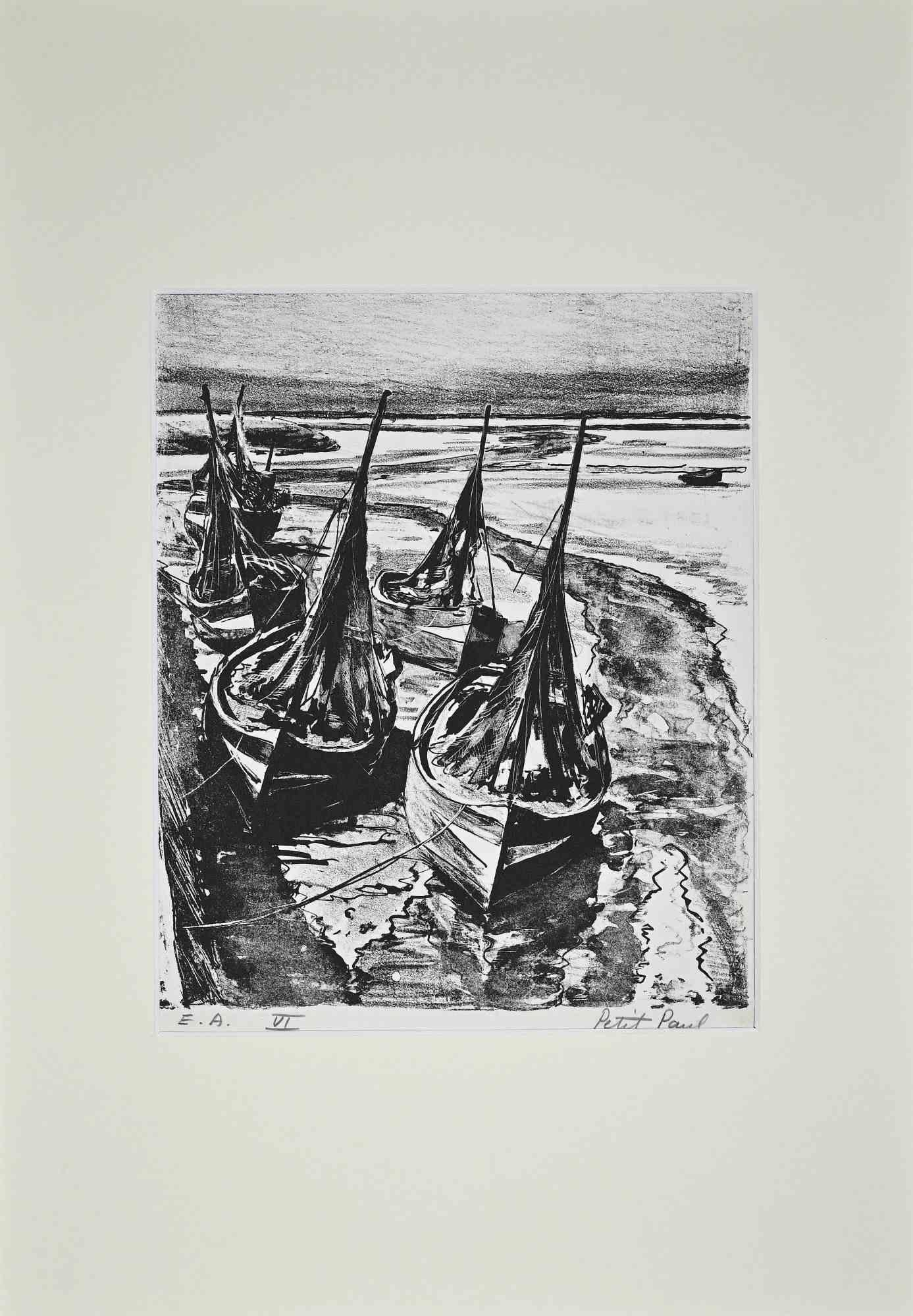 Ships - Original Lithograph by Paul Petit - Mid 20th Century 1