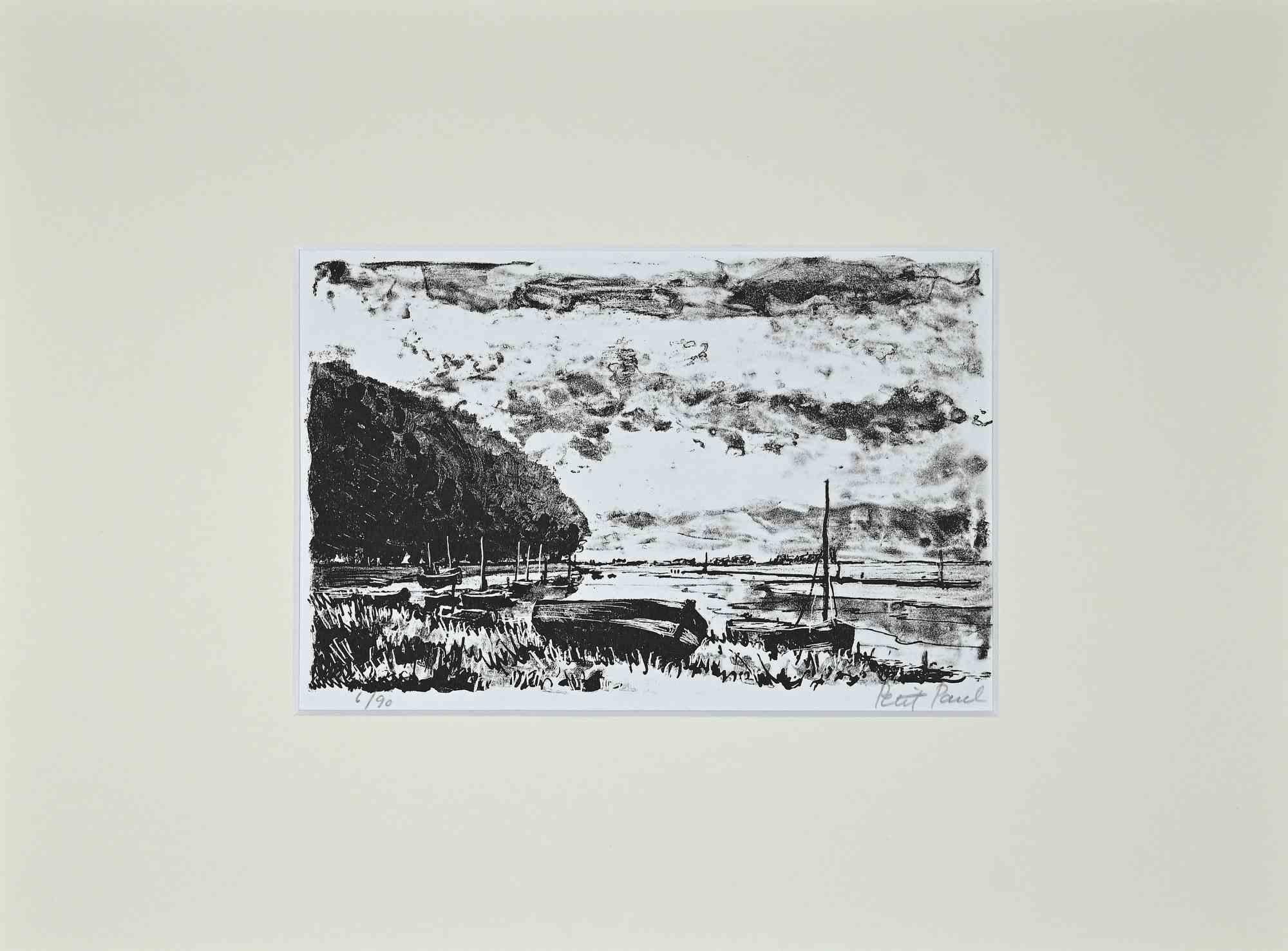 The Bay is an original lithograph realized by Paul Petit in the mid-20th.

Hand-signed.

Numbered. Edition, 6/9.

The artwork is depicted through confident strokes in a well-balanced composition.