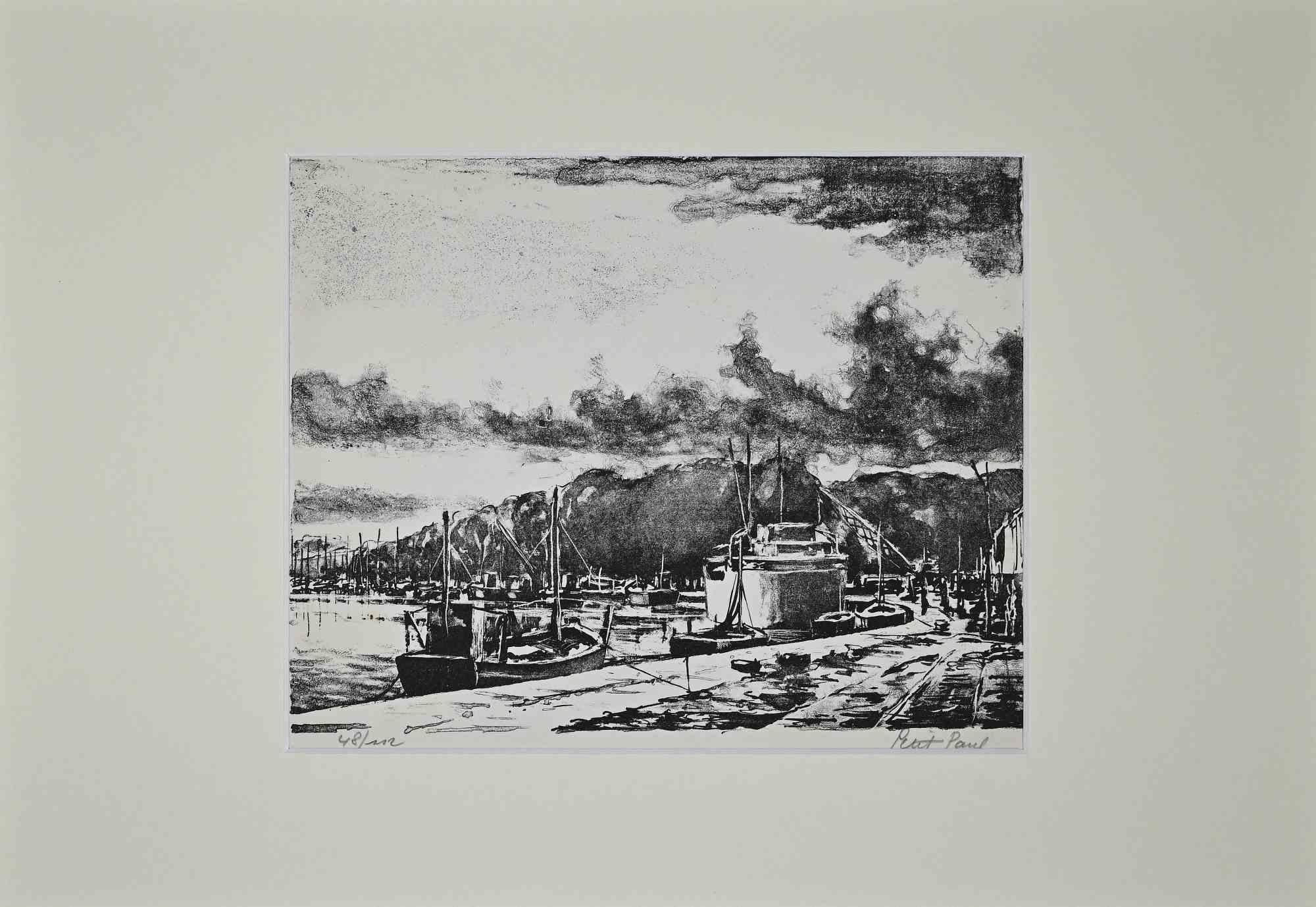 The Harbor - Lithographie originale de Paul Petit - Milieu du XXe siècle en vente 1