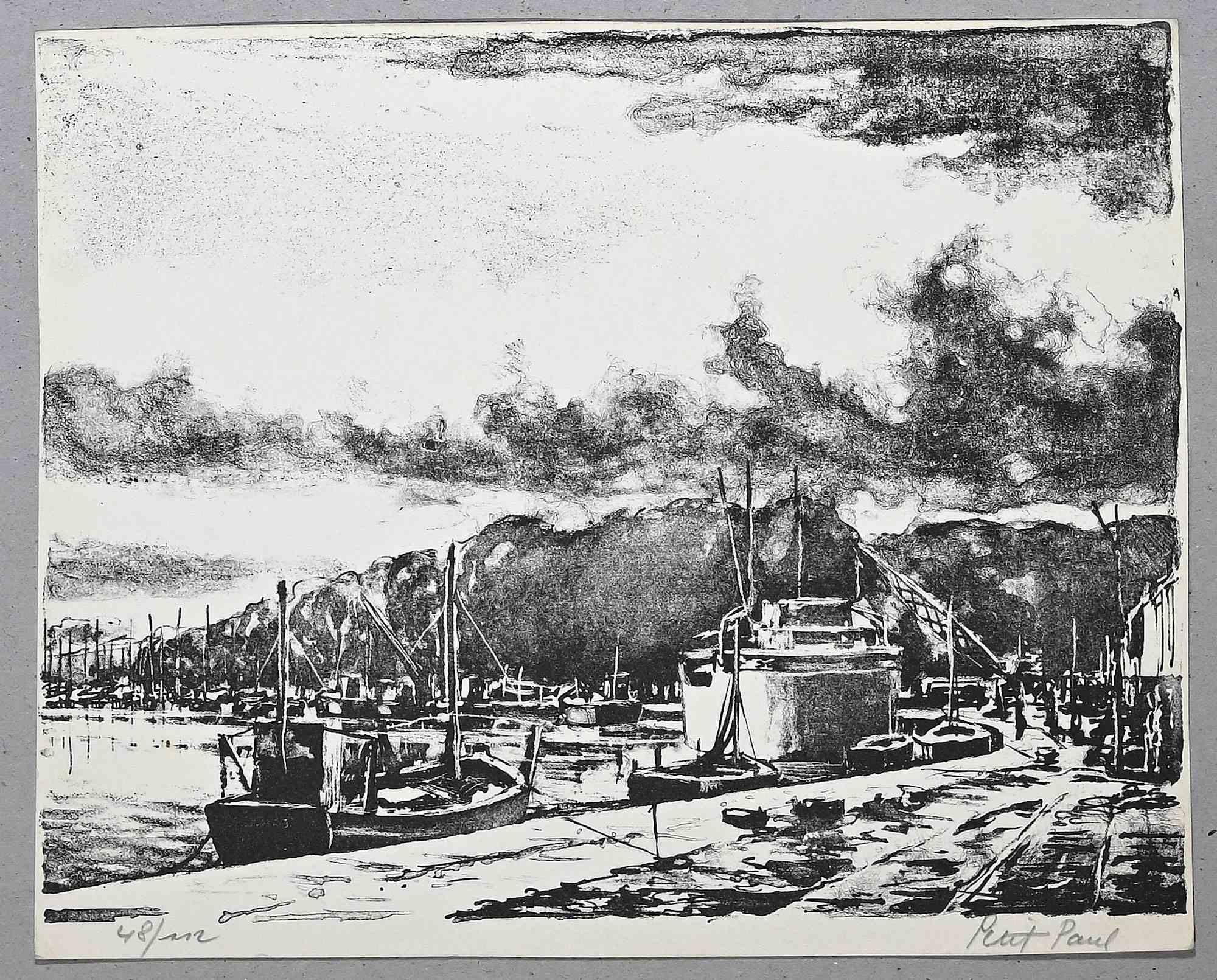 The Harbor is an original lithograph realized by Paul Petit in the mid-20th Century.

Hand-signed.

Numbered, 48/112

The artwork is depicted through confident strokes in a well-balanced composition.