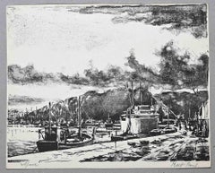 The Harbor – Originallithographie von Paul Petit – Mitte des 20. Jahrhunderts