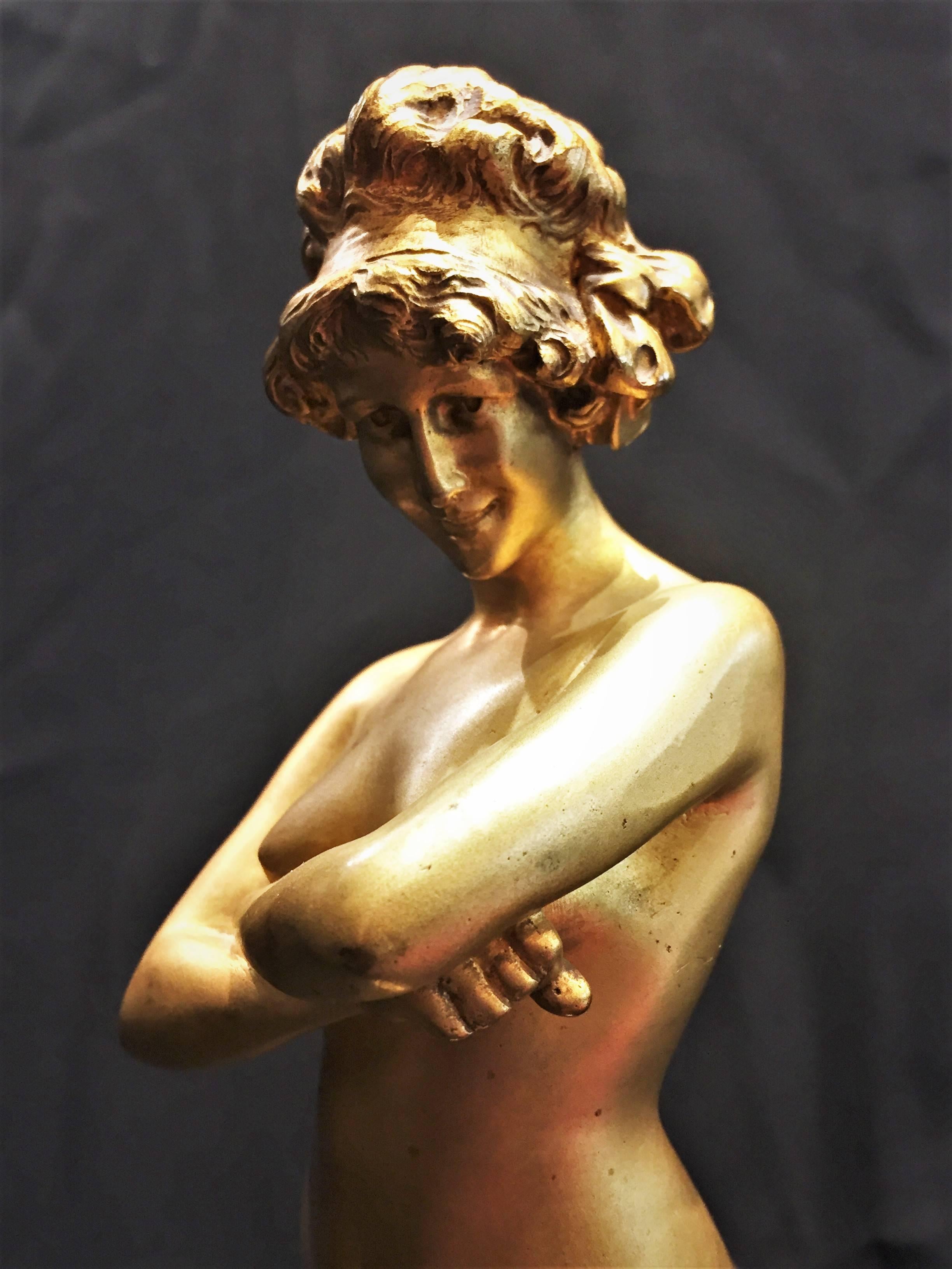 Paul Philippe, 'Irony’, French Art Deco Gilt Bronze & Marble Sculpture, ca. 1925 In Good Condition For Sale In New York, NY