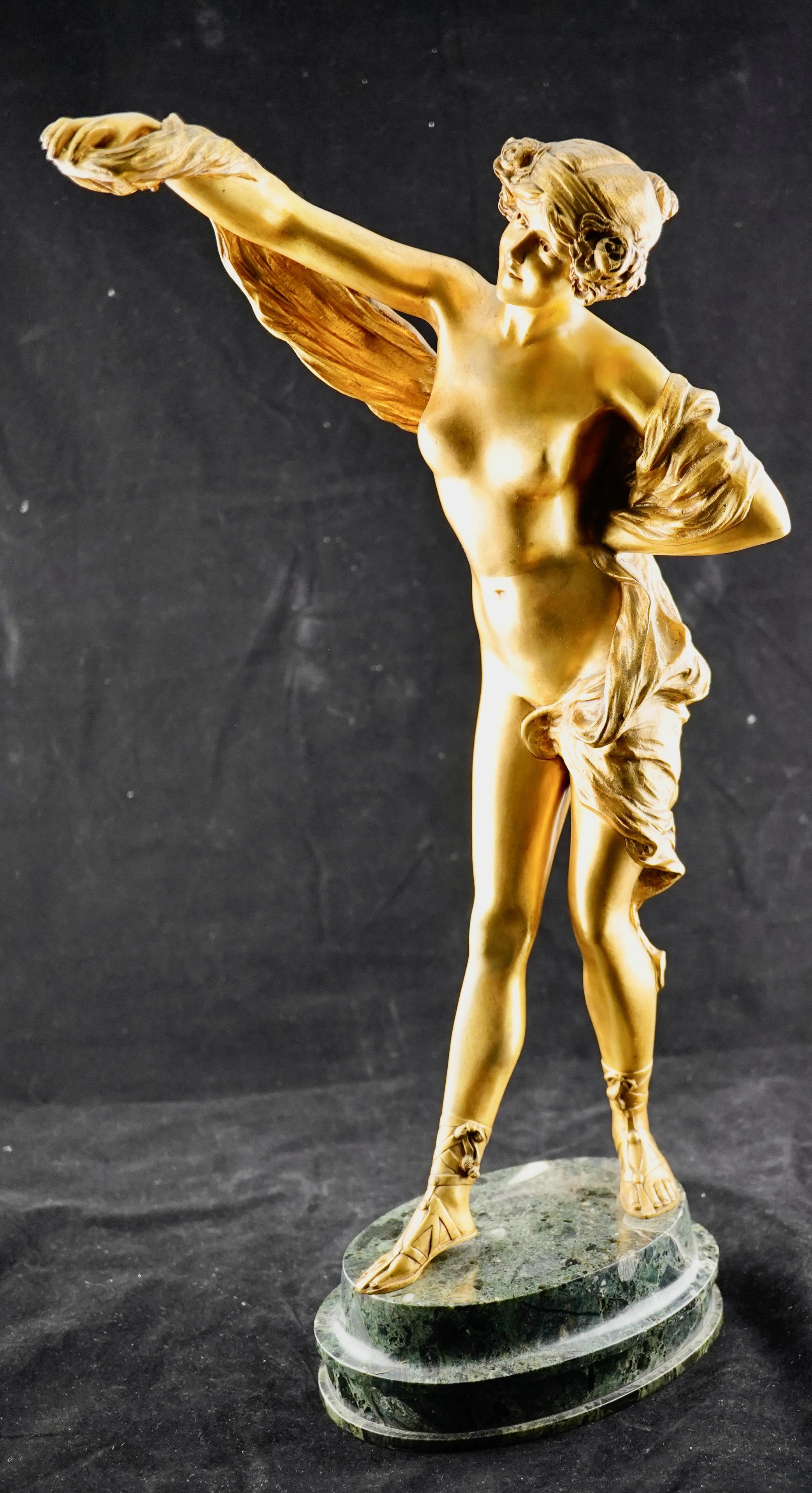 Paul Phillipe gilded ormolu nude bronze cast by Goldscheider foundry.. Vey fine detail and execution. The work is of the period, circ. 1900. It is signed on the marble base, and has a bronze Goldscheider plaque inserted in the base. Both Phillipe