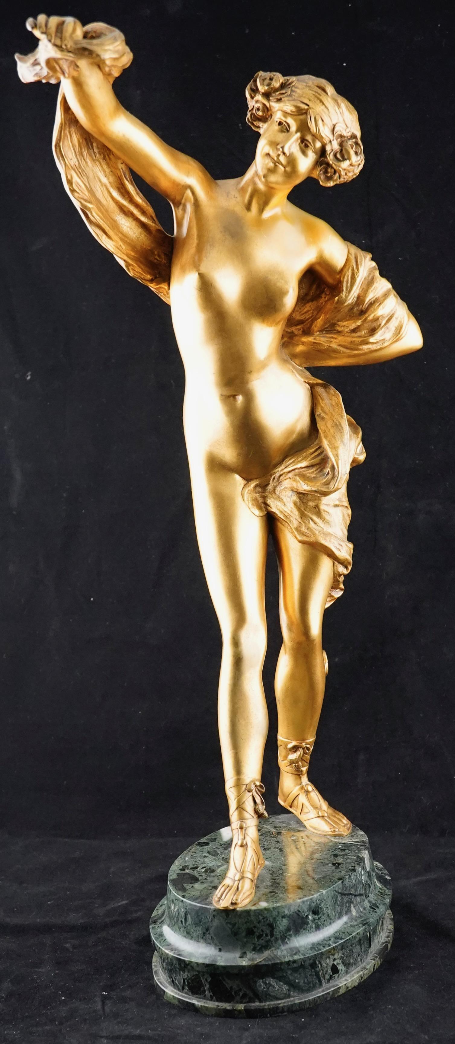 Paul Phillipe Art Nouveau Gilded Nude Bronze Cast by Goldscheider. In Excellent Condition For Sale In Sarasota, FL