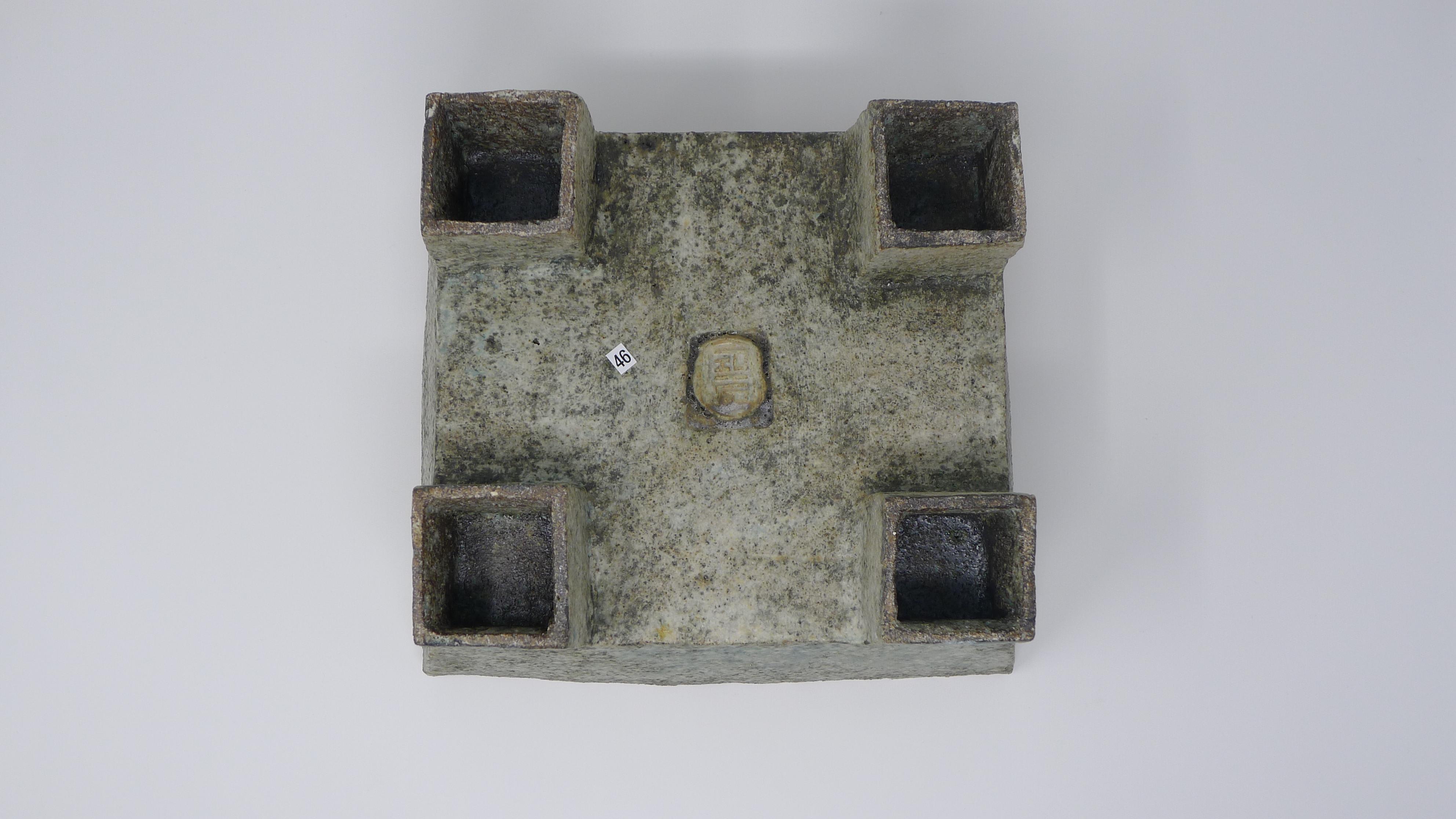 Modern Paul Philp, Stoneware Textured Vessel of Square Form with Green Glaze
