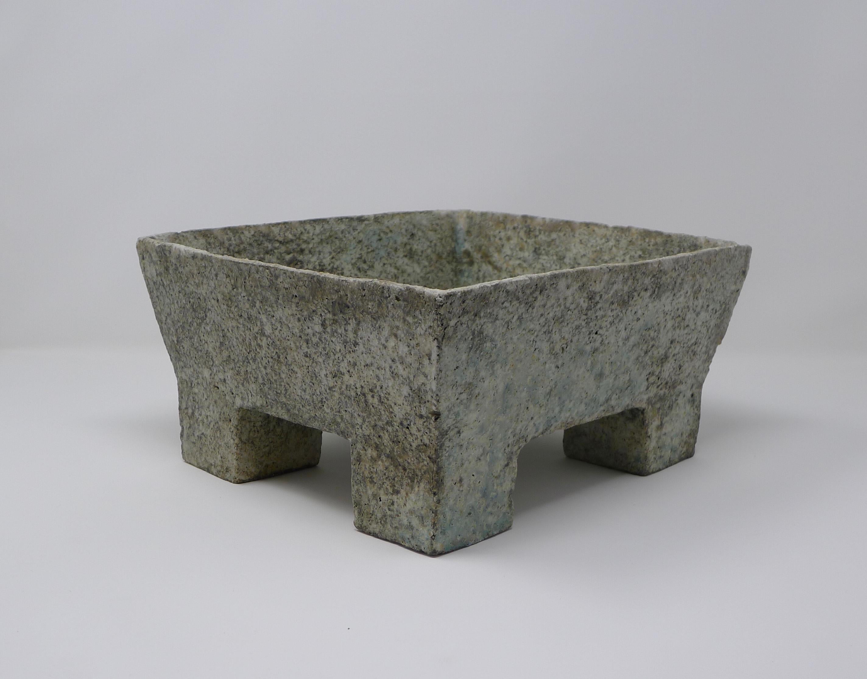 British Paul Philp, Stoneware Textured Vessel of Square Form with Green Glaze
