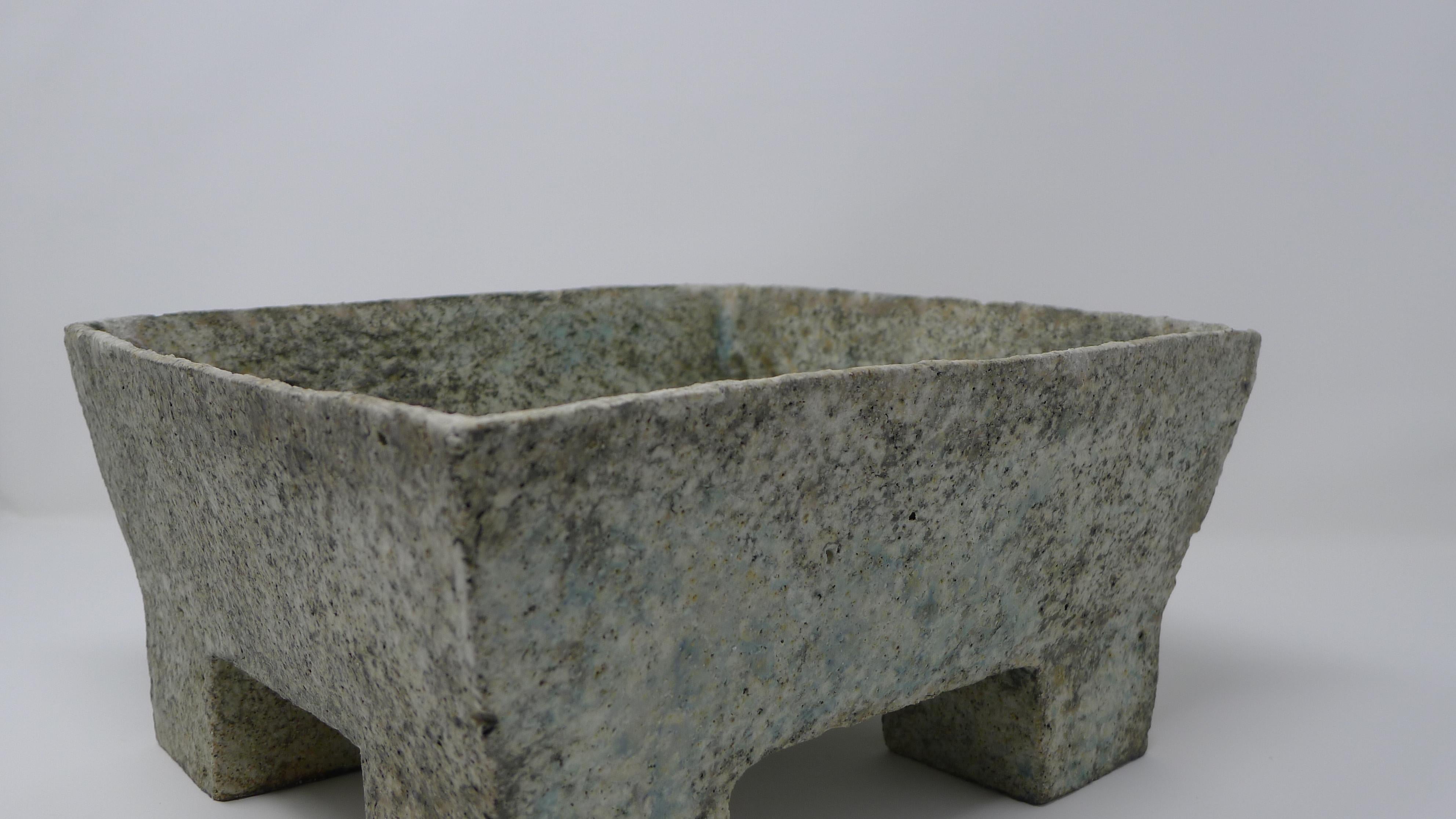Paul Philp, Stoneware Textured Vessel of Square Form with Green Glaze 1