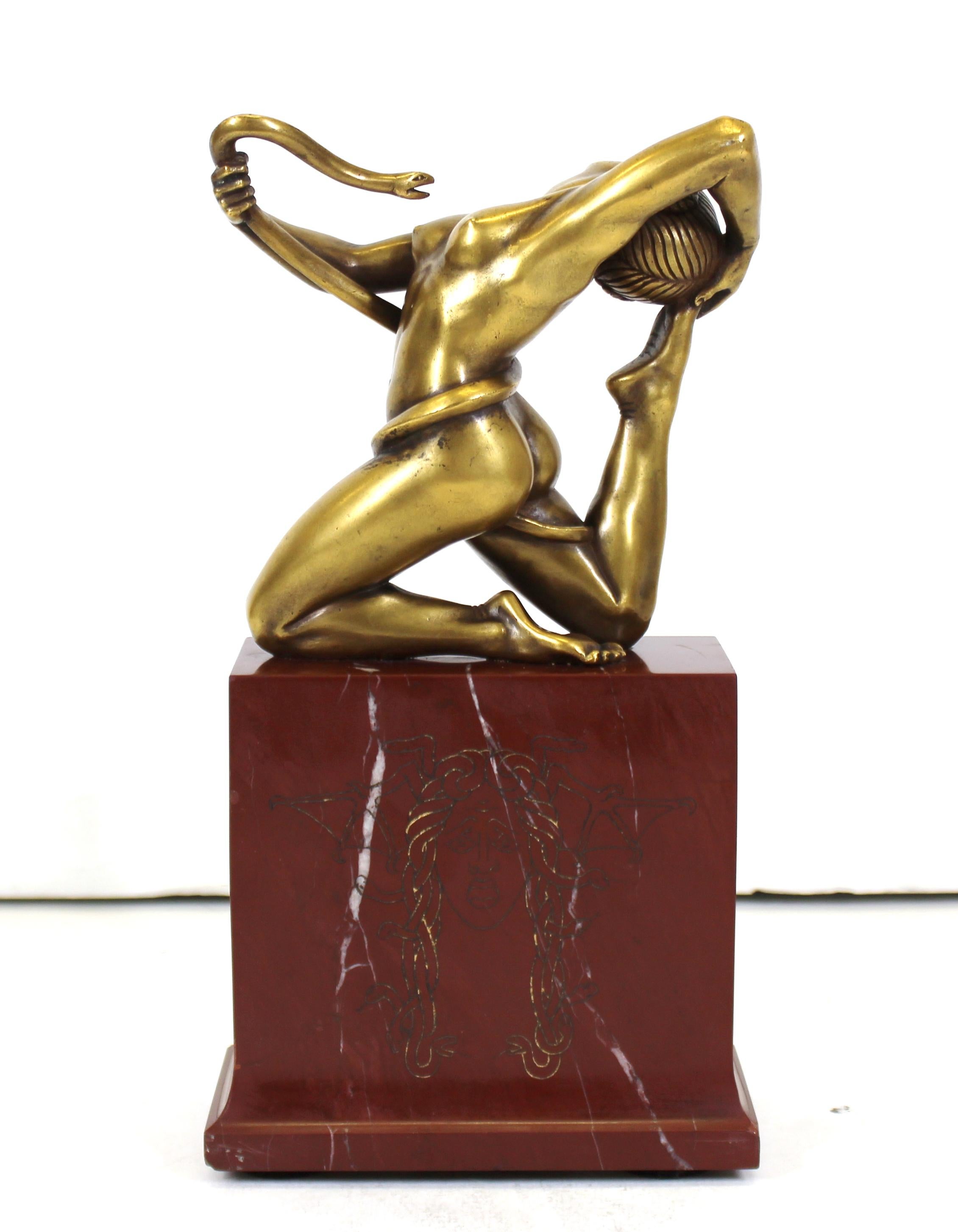 Paul Piel French Art Deco Snake Charming Woman Bronze Sculpture In Good Condition For Sale In New York, NY