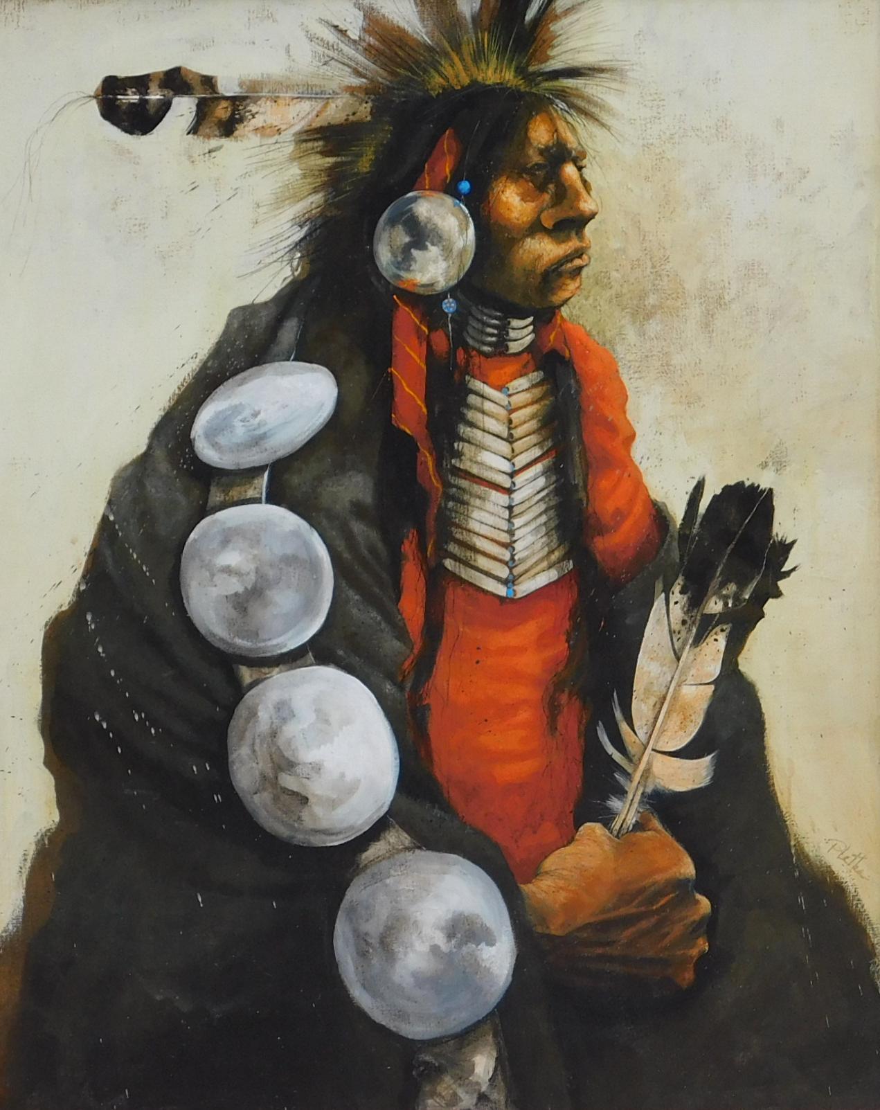California/New Mexico artist Paul Pletka (b. 1946) Acrylic on Canvas, 1972.
Native American subject in Decorative Hair Plates. Signed lower right.
Titled in pencil on the verso by the artist: “Omaha Dancer.”
Measures: 30