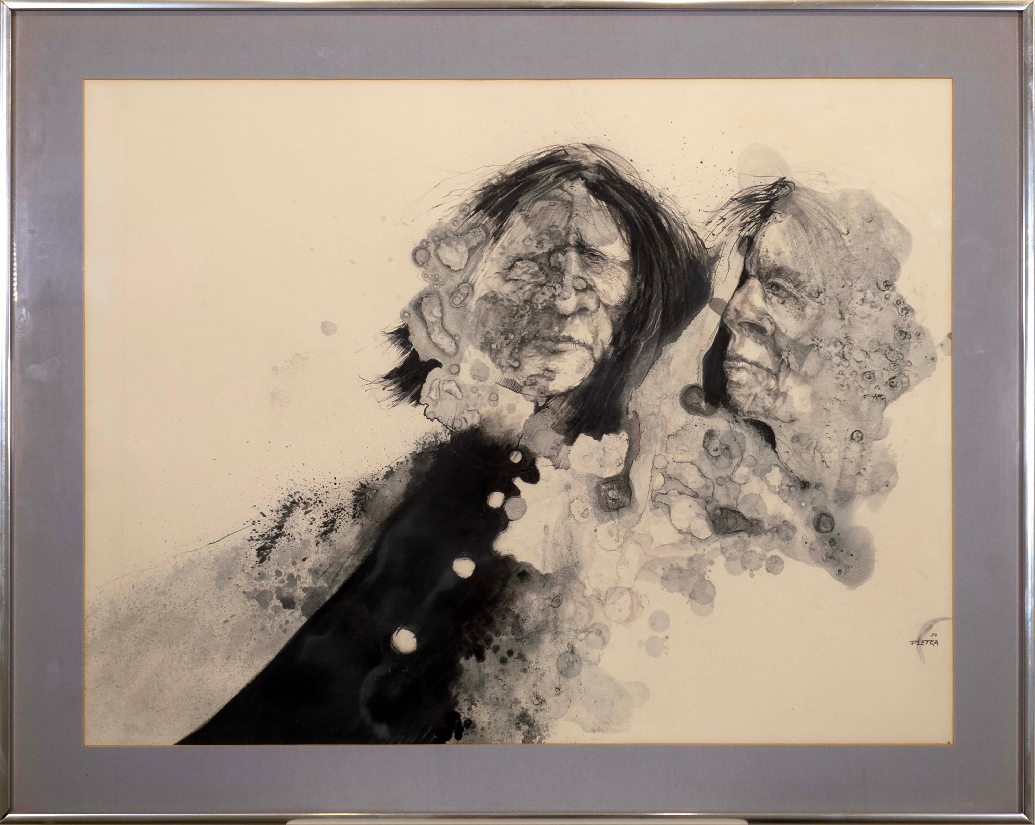 A powerful graphite and watercolor drawing on paper titled “Ghost Dancers” by American Southwest artist Paul Pletka. Hand signed on the bottom right and dated 1970. A masterful dual portraiture of two Indigenous male figures. There is a heroic