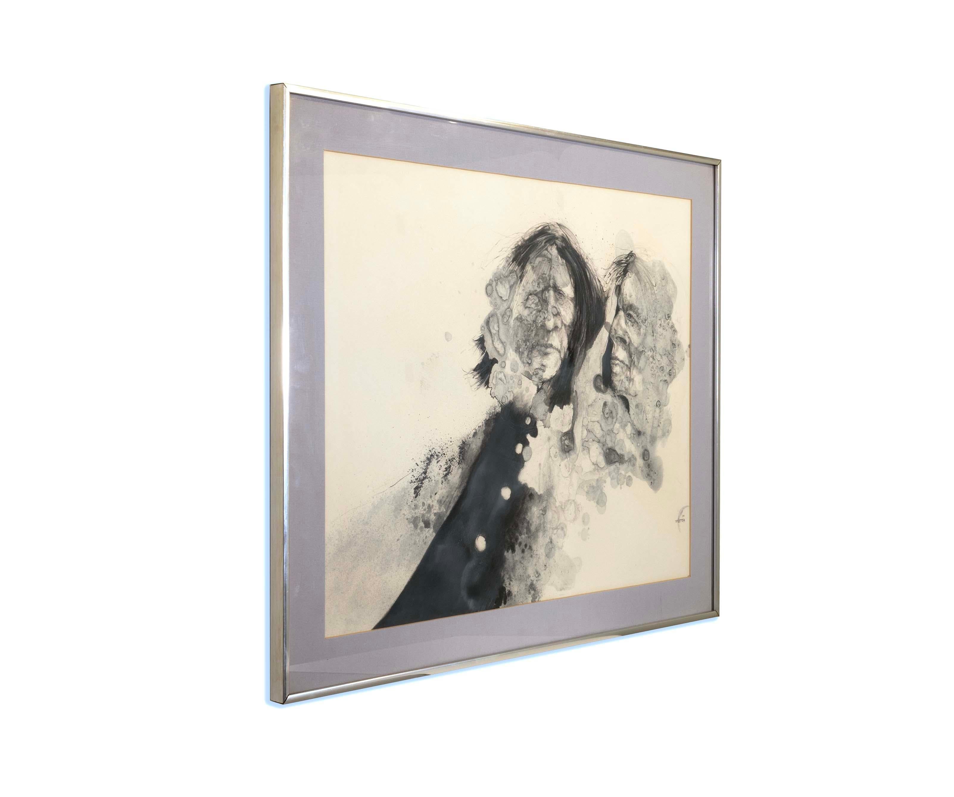 American Paul Pletka Ghost Dancers Signed 1970 Graphite & Watercolor on Paper Framed