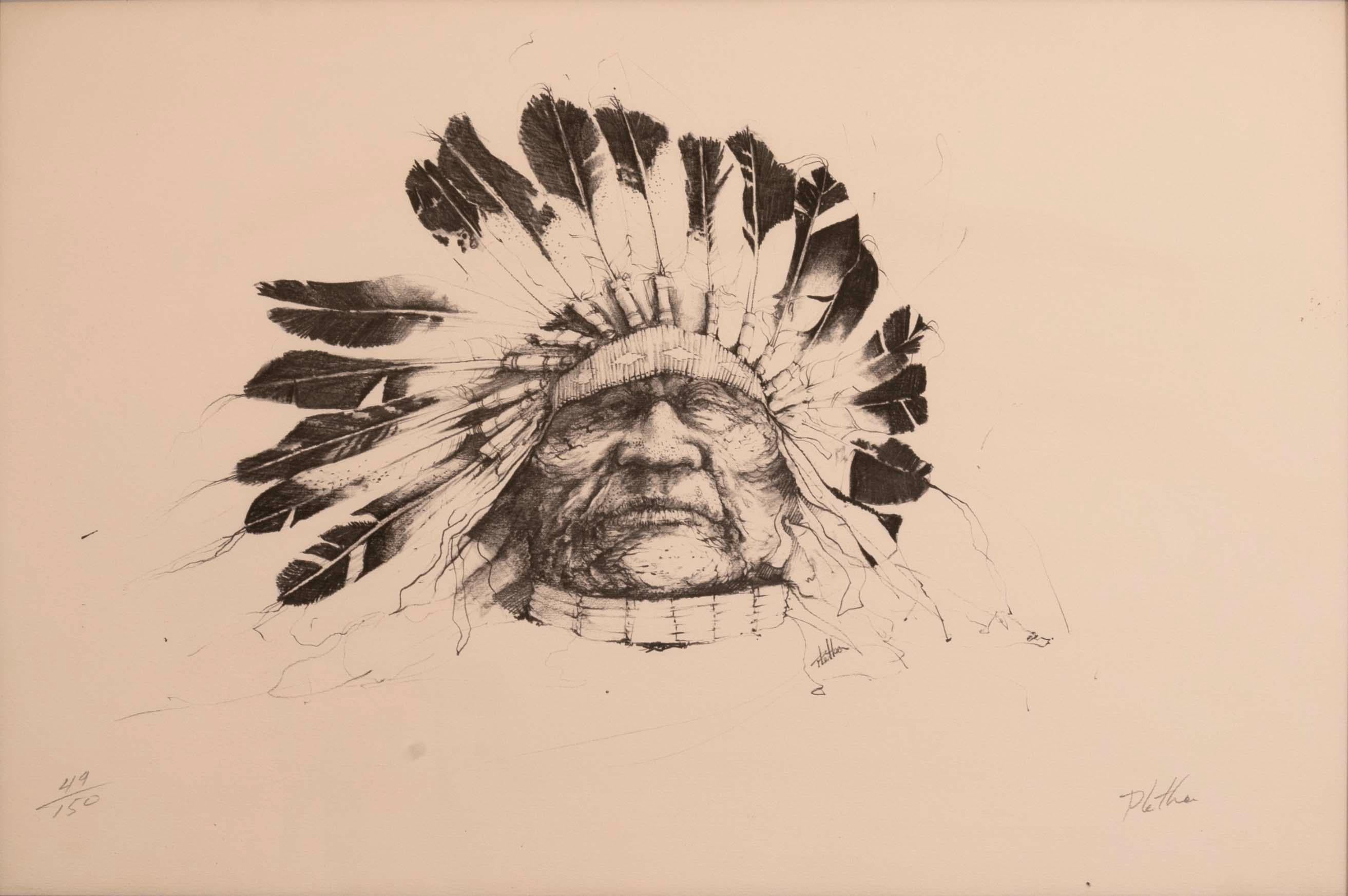 An introspective lithograph on paper depicting a portrait of a Native American in an elaborate headdress identifying the figure as a leader or a chief by American Southwest artist Paul Pletka. Hand signed on the bottom right with an annotation of