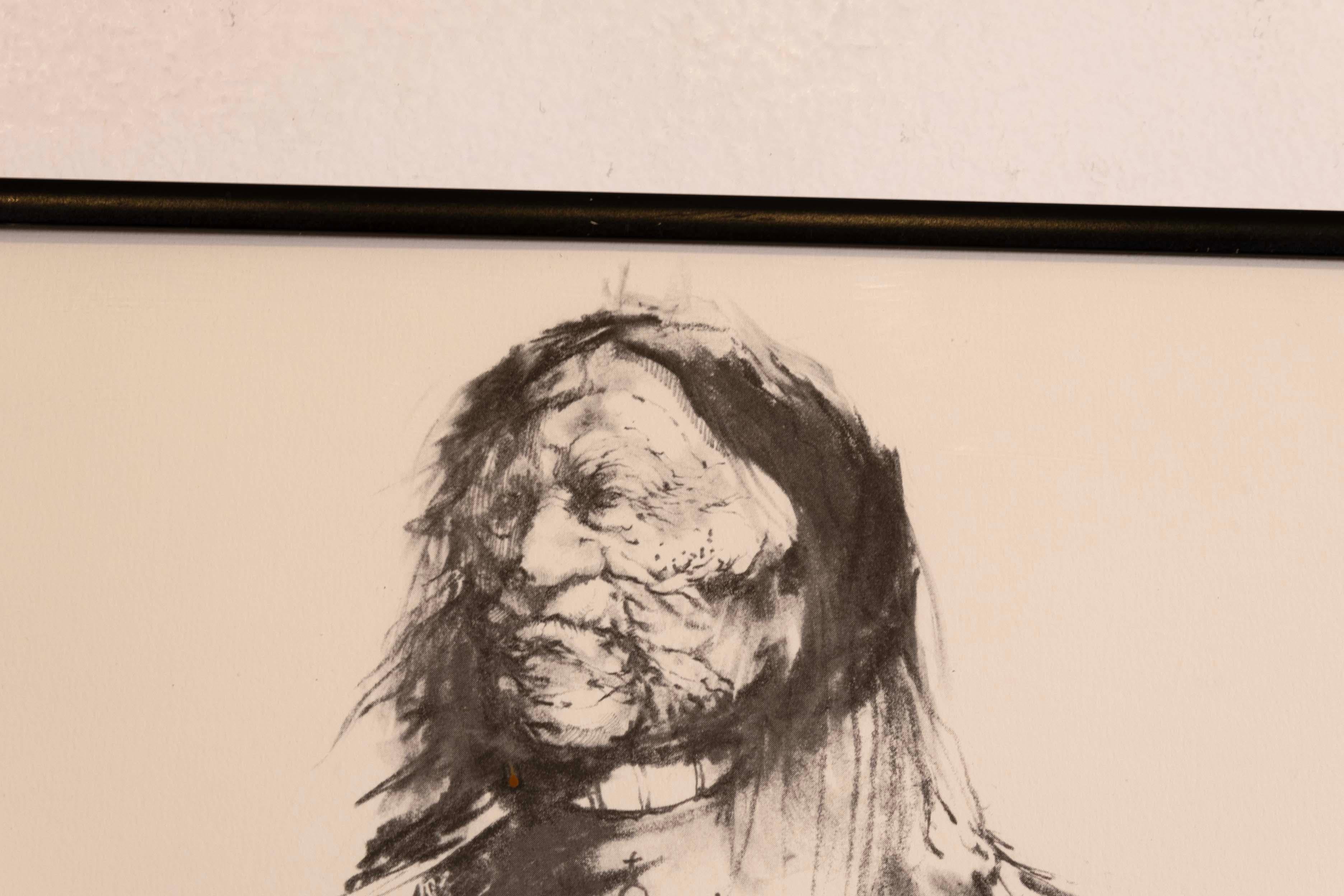 A moving lithograph on paper depicting a portrait of a Native American in traditional dress by American Southwest artist Paul Pletka. Hand signed on the bottom right with an annotation of 49/150 on the bottom left. From a series of lithographs