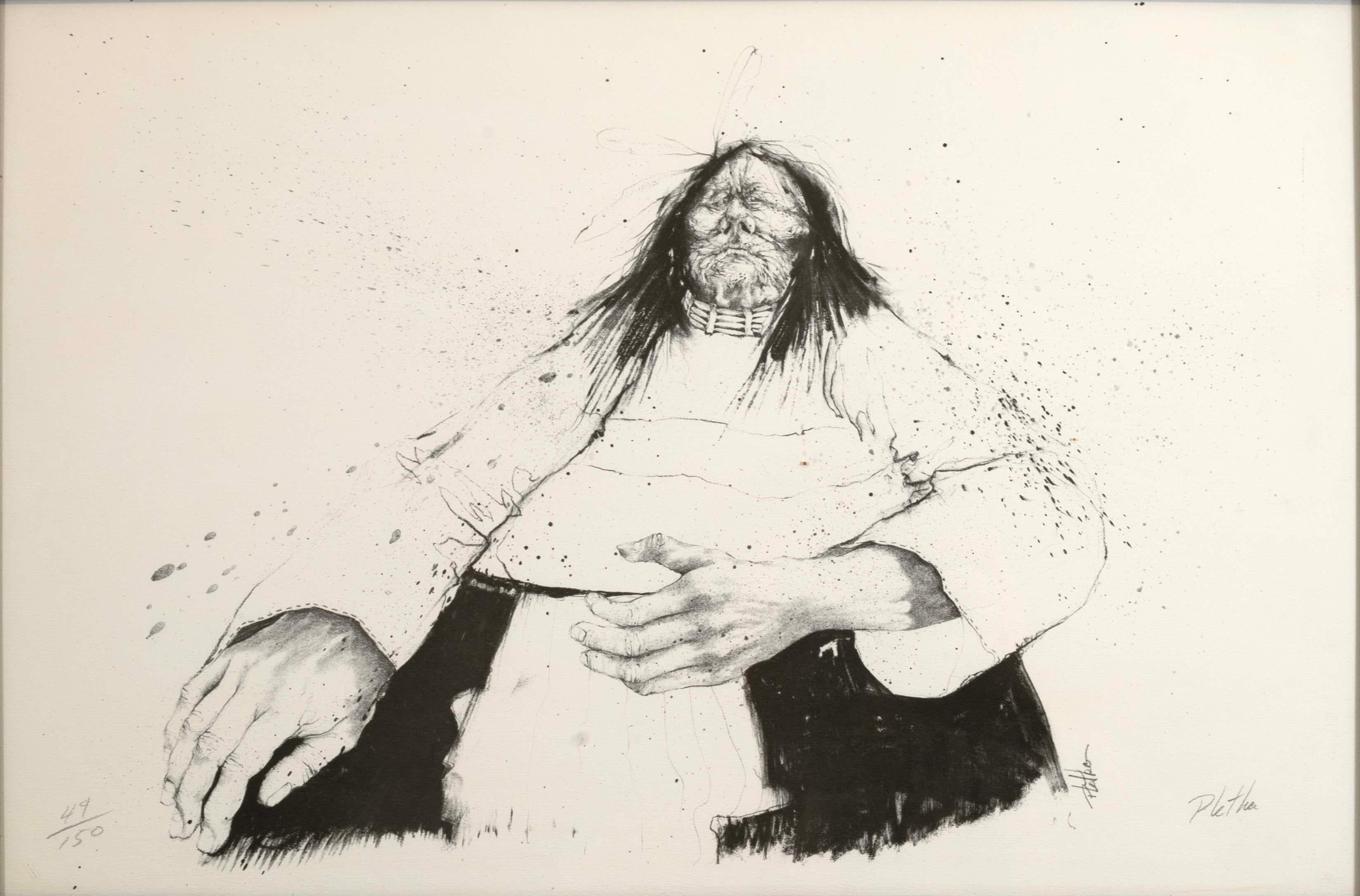 A realistic lithograph on paper depicting a portrait of a Native American sitting in a traditional dress by American Southwest artist Paul Pletka. Hand signed on the bottom right with an annotation of 49/150 on the bottom left. From a series of