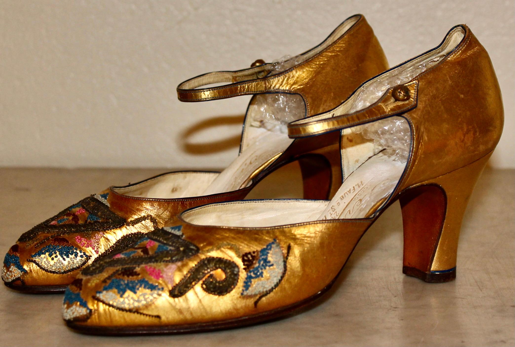 Paul Poiret  Andre Perugia Bead Embroidered Gold Shoes 6