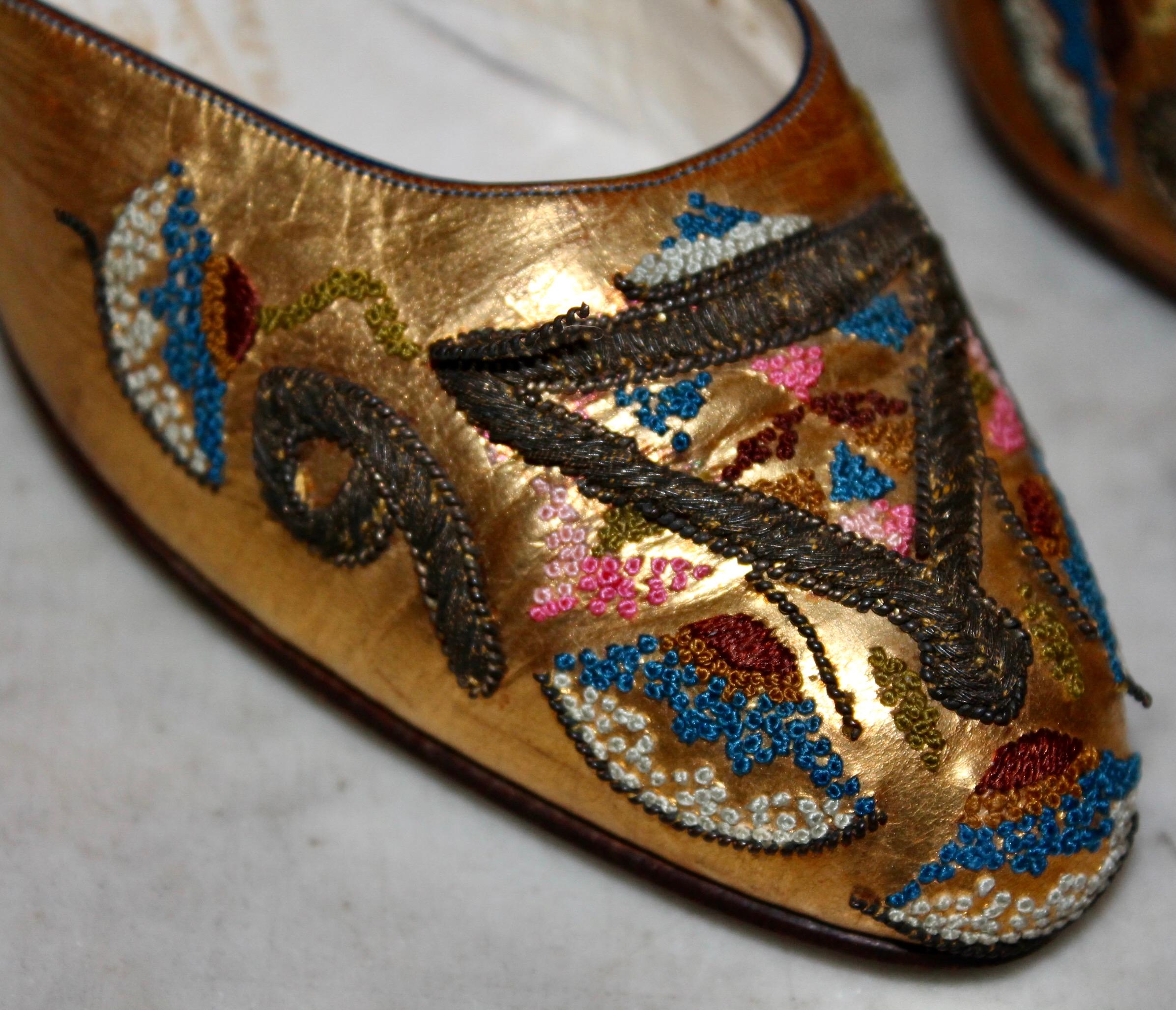 Brown Paul Poiret  Andre Perugia Bead Embroidered Gold Shoes
