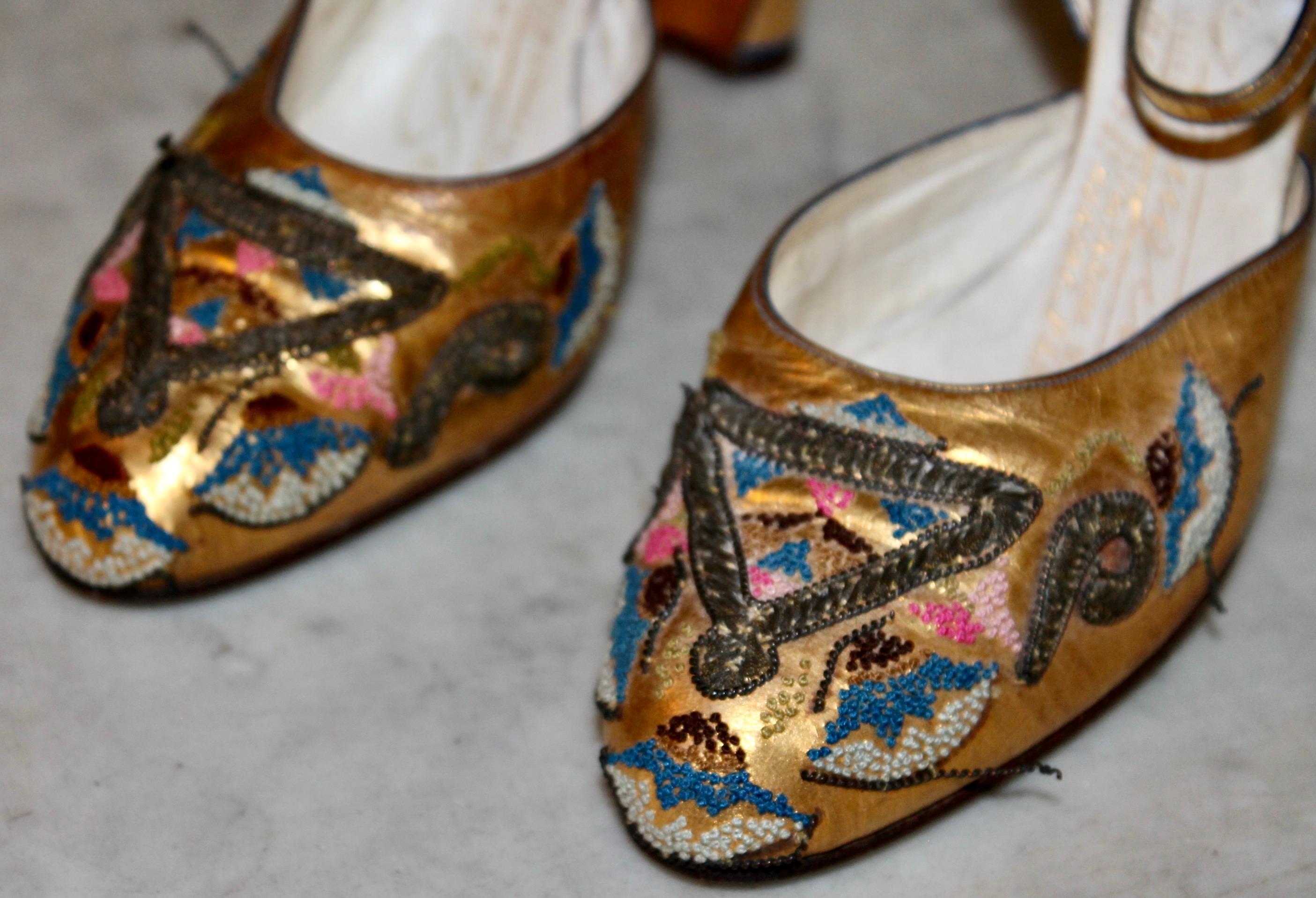 Women's Paul Poiret  Andre Perugia Bead Embroidered Gold Shoes