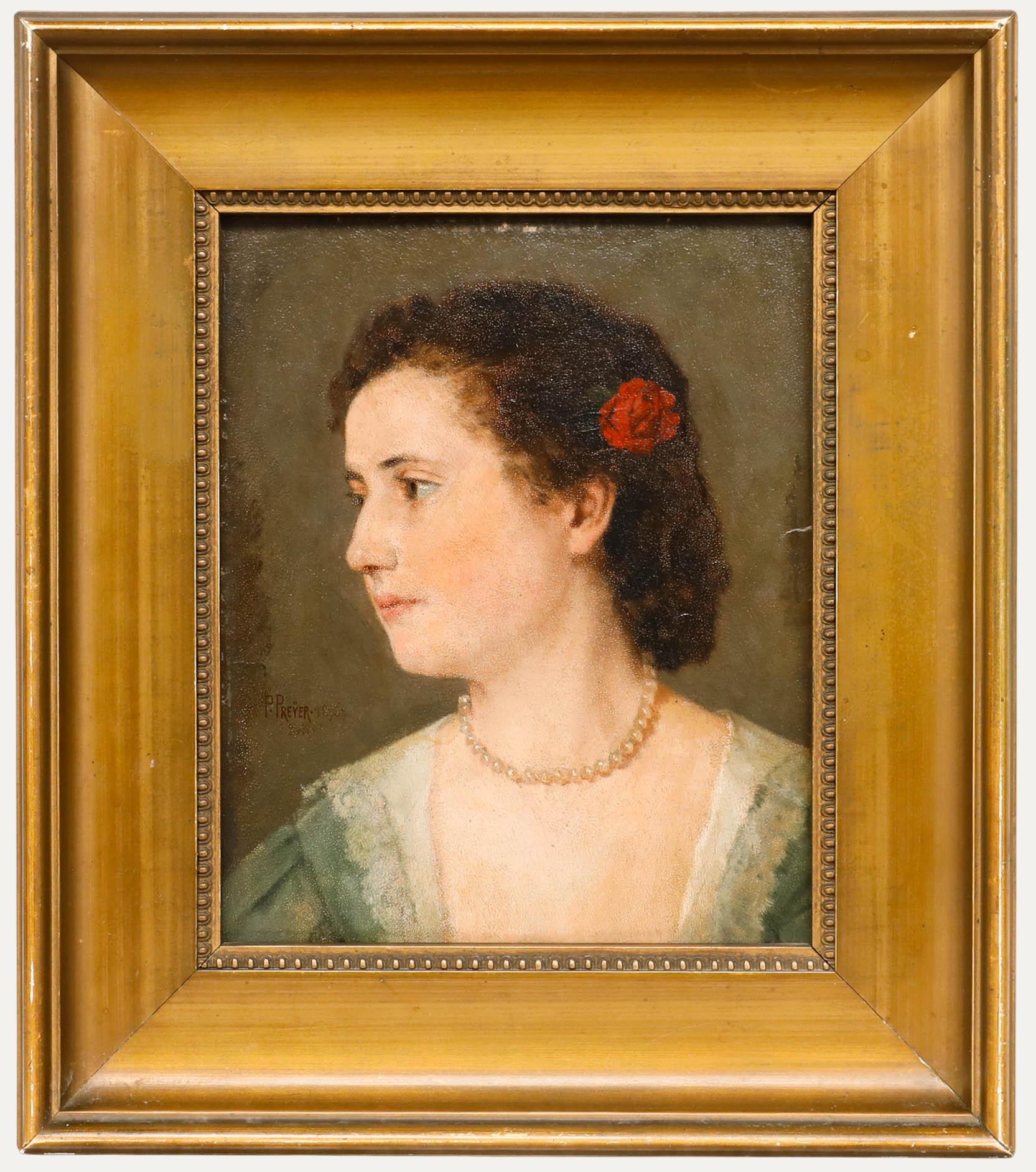 Paul Preyer (1847-1931) - Huile encadrée de 1876, Portrait d'une dame
