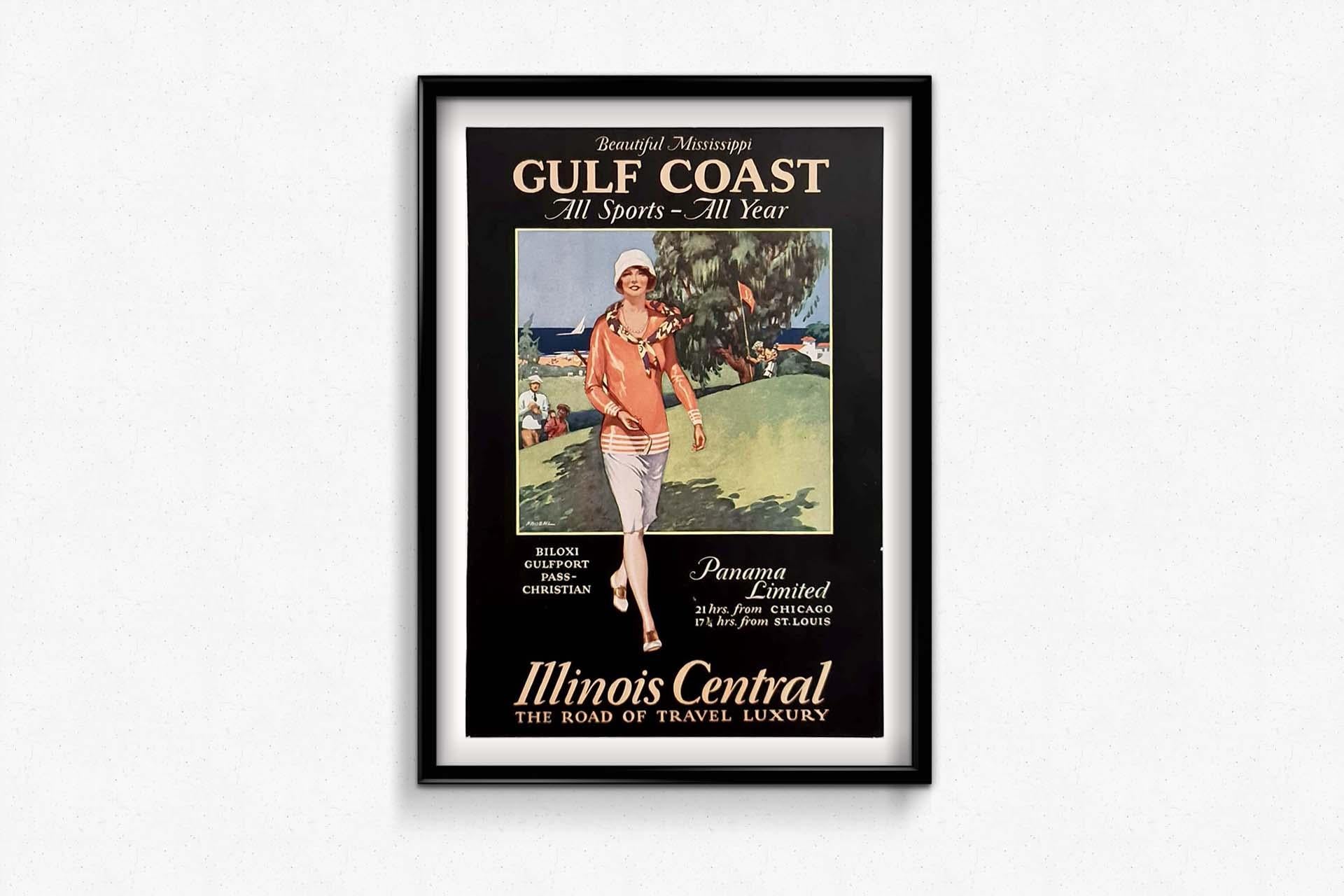 1933 Cartel original de viaje en ferrocarril por la hermosa costa del golfo de Mississippi en venta 1