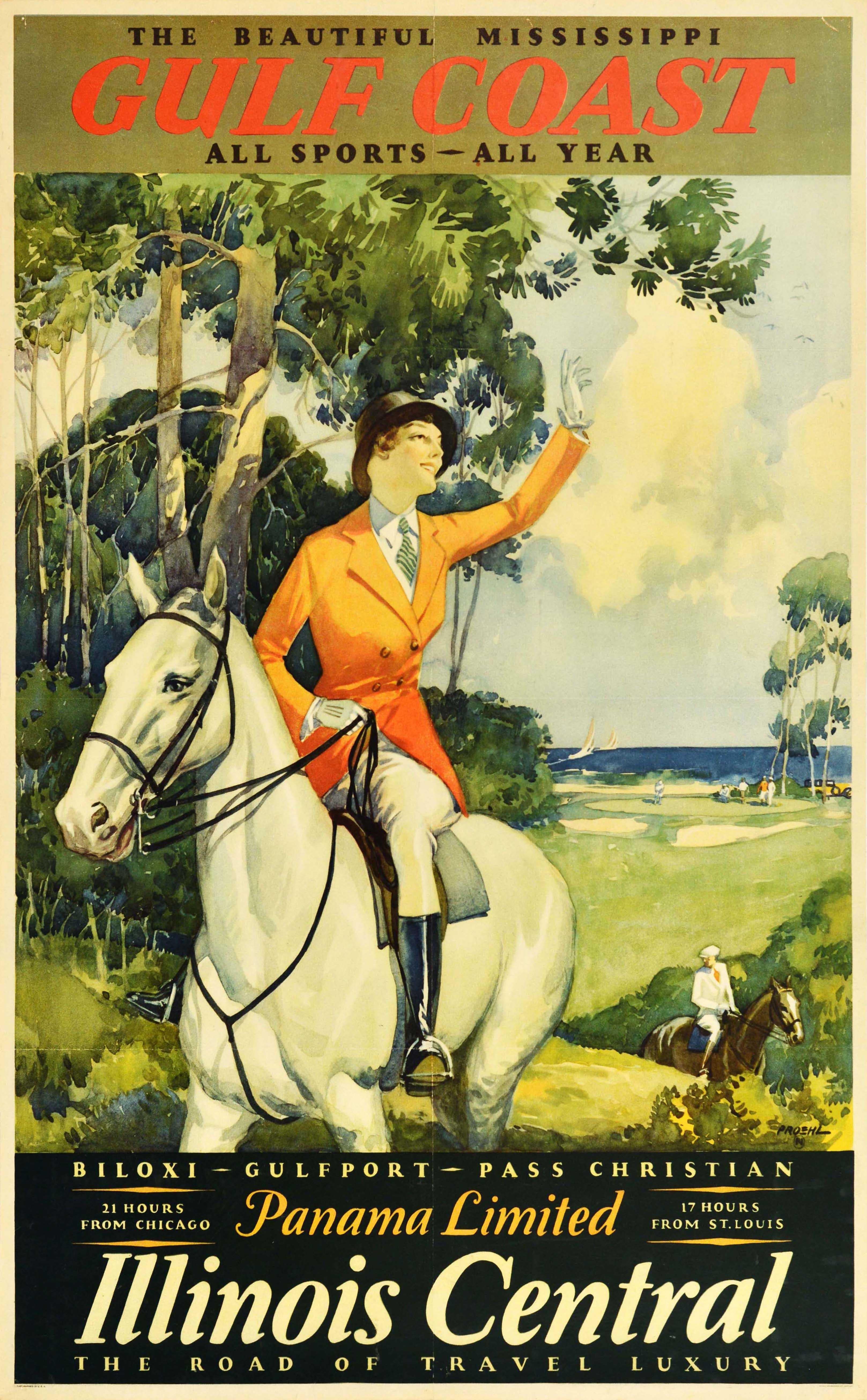 Paul Proehl Print - Original Vintage Poster Mississippi Gulf Coast Panama Illinois Central Railroad