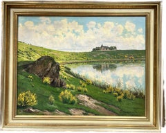 Huge Antique German Oil Painting Tranquil Landscape Old Castle/ Church by Lake