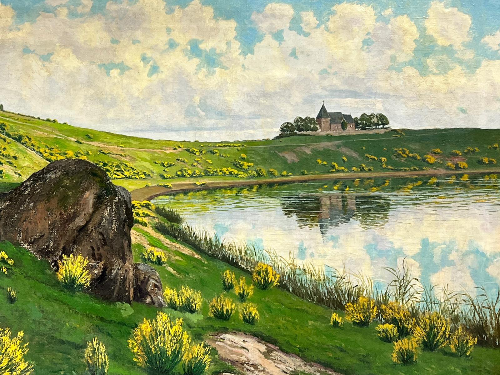Paul Putzhofen-Hambuchen Landscape Painting - Huge Antique German Oil Painting Tranquil Landscape Old Castle/ Church by Lake