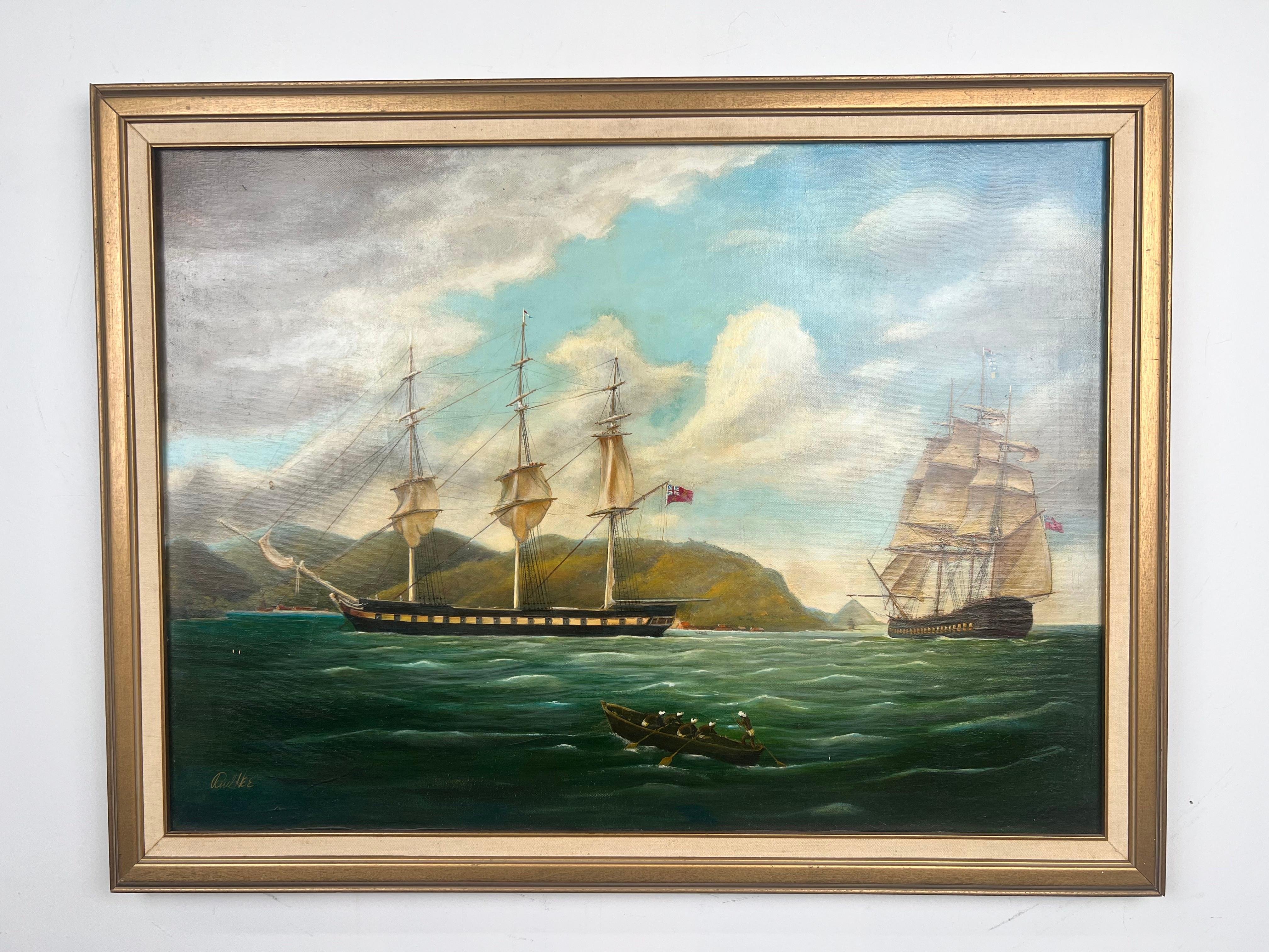 
Paul R. Hee Maritime Scene Oil Painting on Canvas Signed and Framed 

This striking maritime oil painting by Paul R. Hee (American 1927- 2011)) captures the timeless majesty of the age of sail with luminous detail and a romantic sensibility. Hee, a