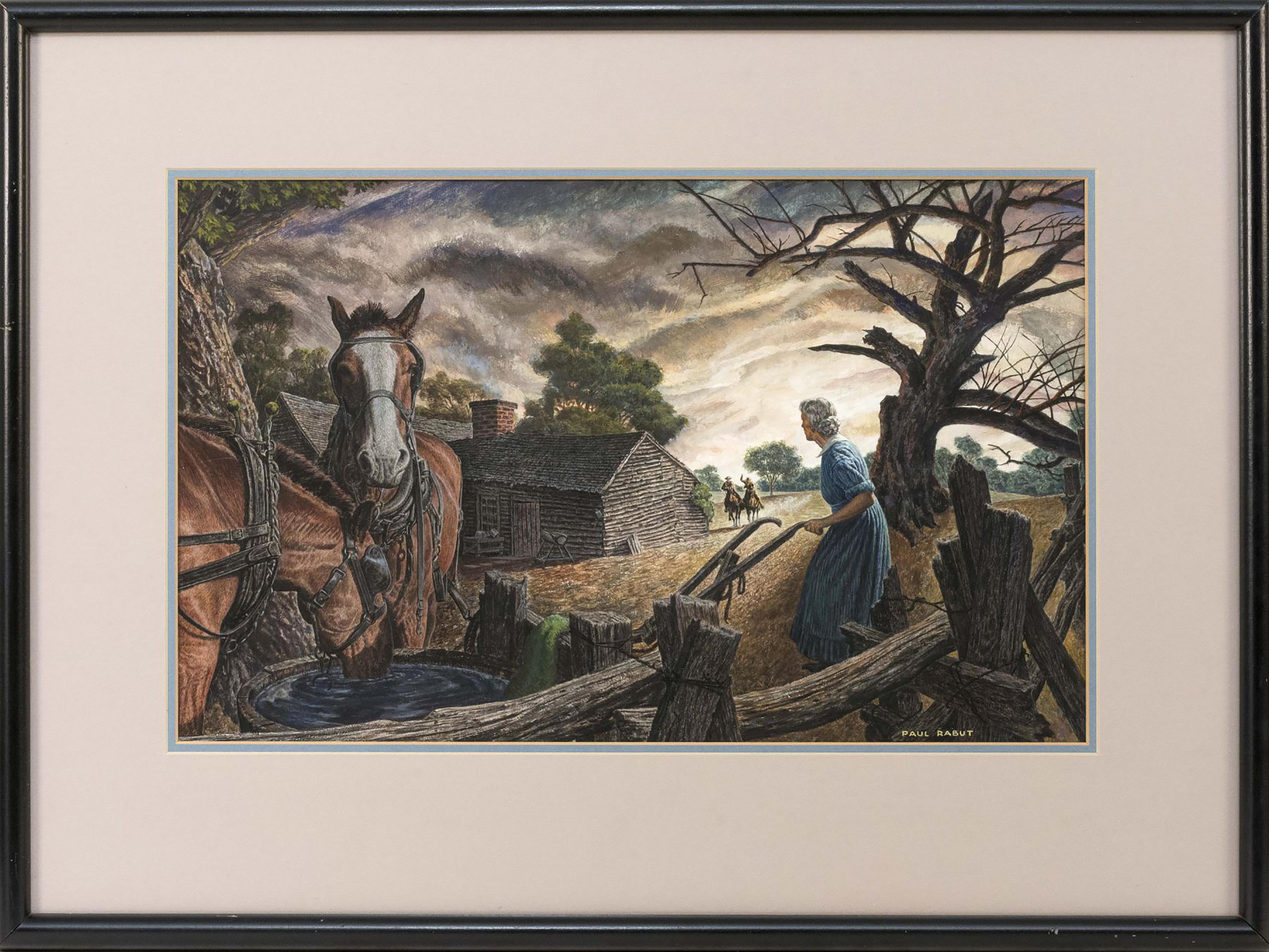 Una donna e dei cavalli fuori da una fattoria - Painting di Paul Rabut