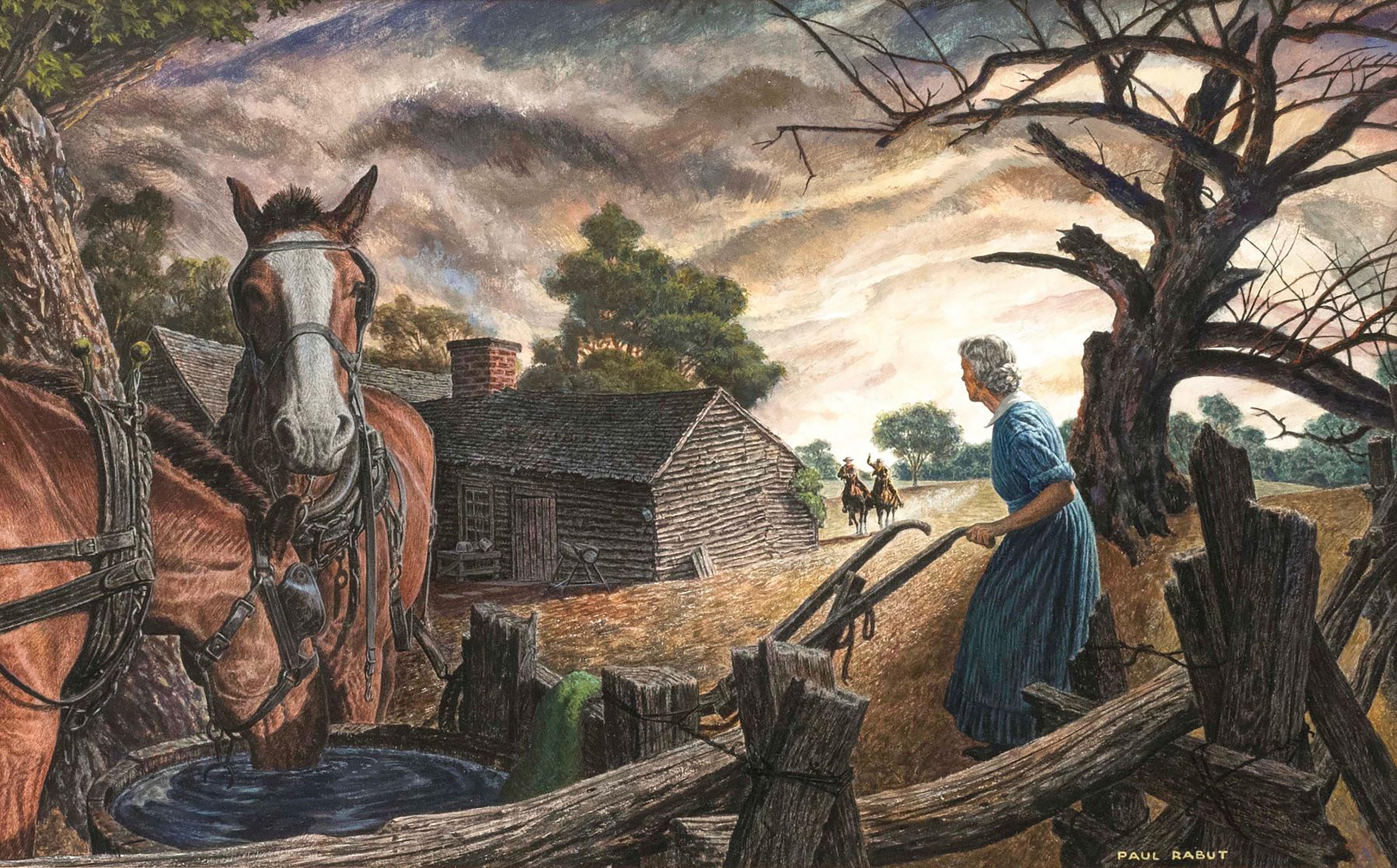 Paul Rabut Figurative Painting - A Woman and Horses Outside a Farmhouse