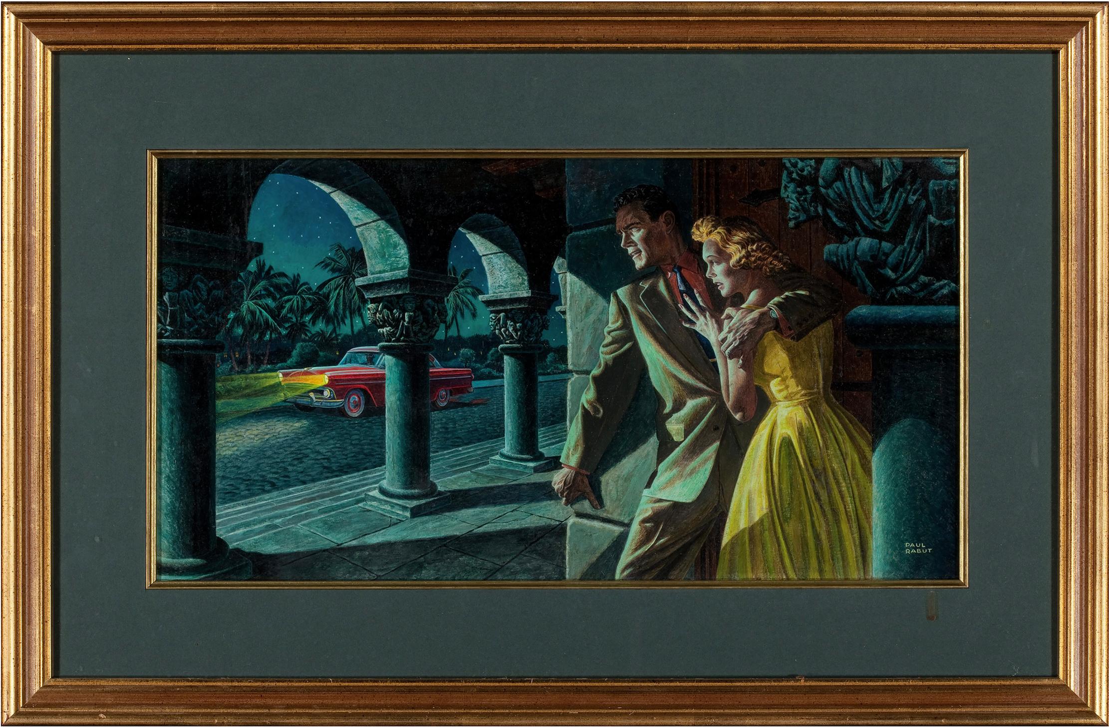  Film Noir. Pulp Mystery That police officer knows you. Saturday Evening Post - Painting by Paul Rabut