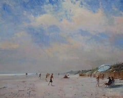 "Beach Light, Wainscott", pittura a olio, scena estiva, bagnanti negli Hamptons