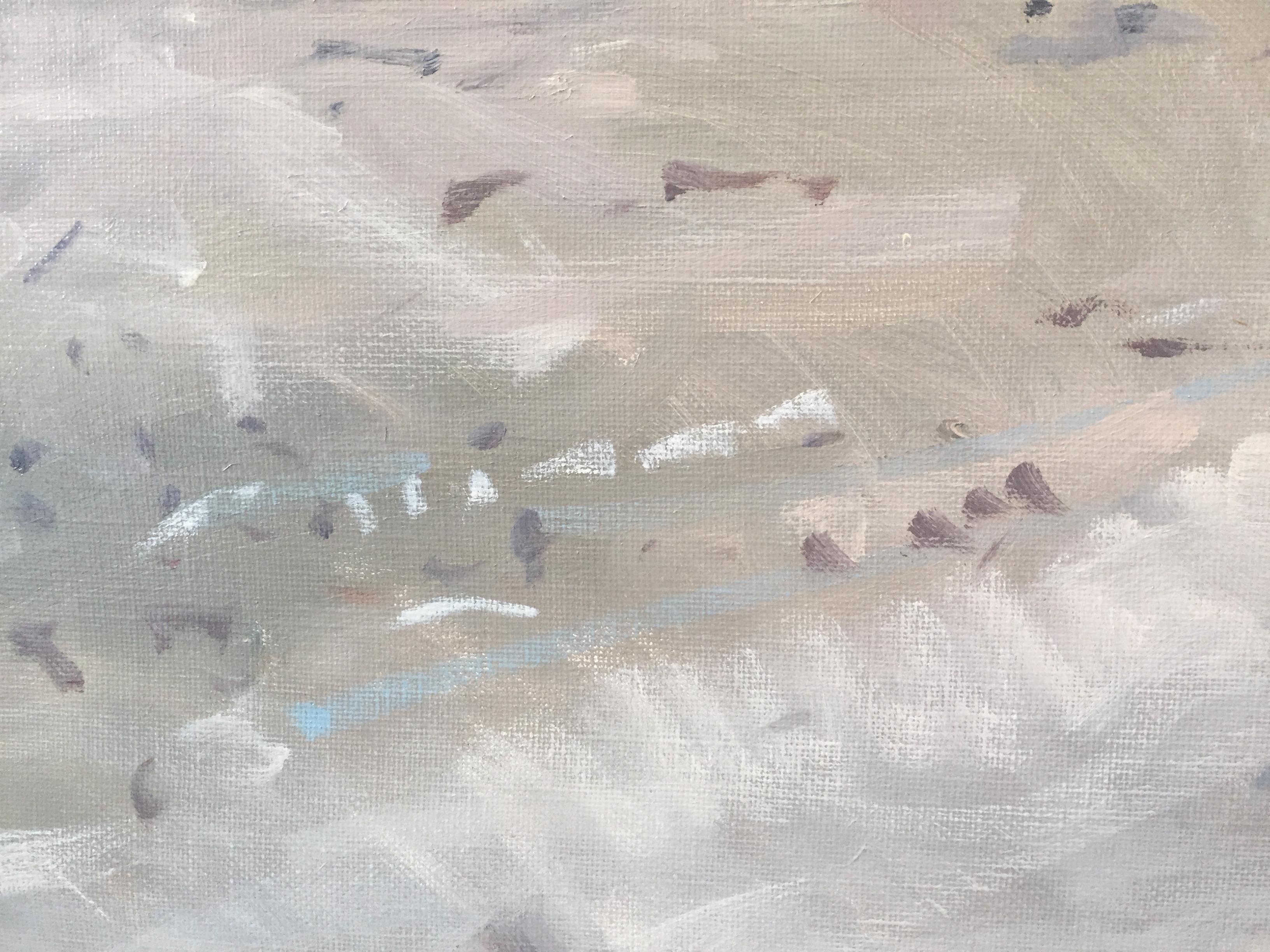 Painted en plein air, at Sagg Main beach in Sagaponack, New York. Paul Rafferty captured the epitome of a relaxing beach day in the Hamptons. Brushstrokes are clear and present in the sandy foreground, and tighten as figures are depicted along the
