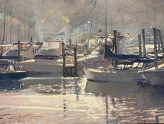 "Morning Haze" Ölgemälde von Booten in einer Marina, Sag Harbor, signiert und gerahmt