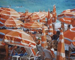 „Orange Schirmen, Juan les Pins“, Ölgemälde, Strand voller orangefarbener Schirmen