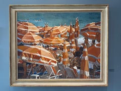 "Orange Umbrellas, Juan les Pins" oil painting, French beach, sunbathers, framed