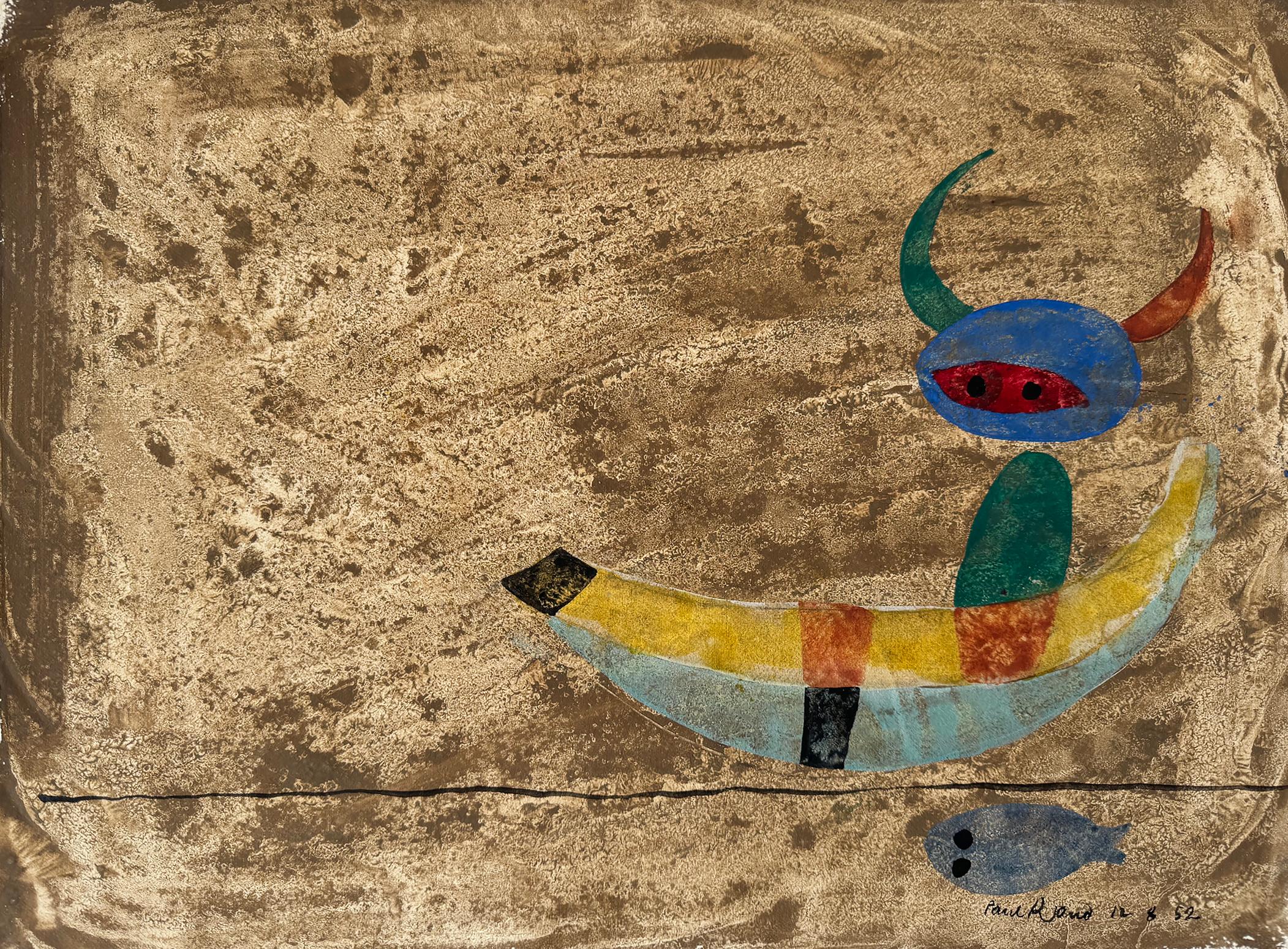 Arte infantile - Bambino con corna di toro in barca con un pesce in vendita 1