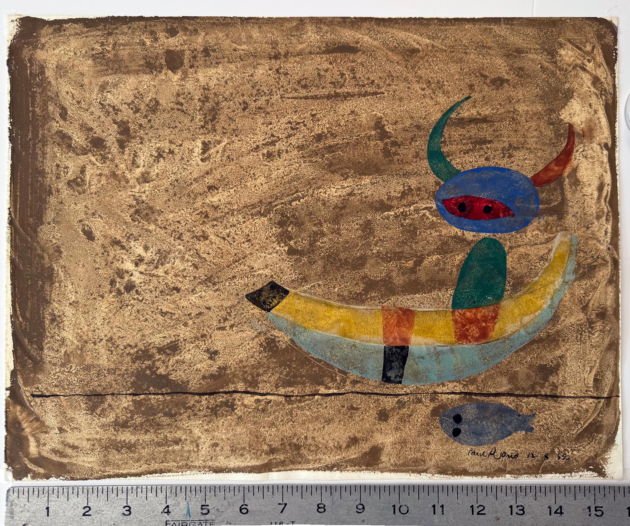 Arte infantile - Bambino con corna di toro in barca con un pesce in vendita 2