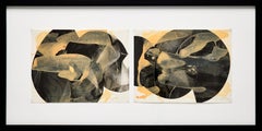 Geometric Abstract Screen Print Diptych by Paul Reed with Browns and Yellows