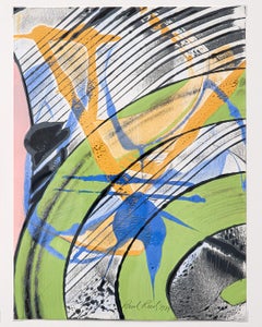 Abstract Screen Print Diptych by Paul Reed with Greens, Blues and Yellows